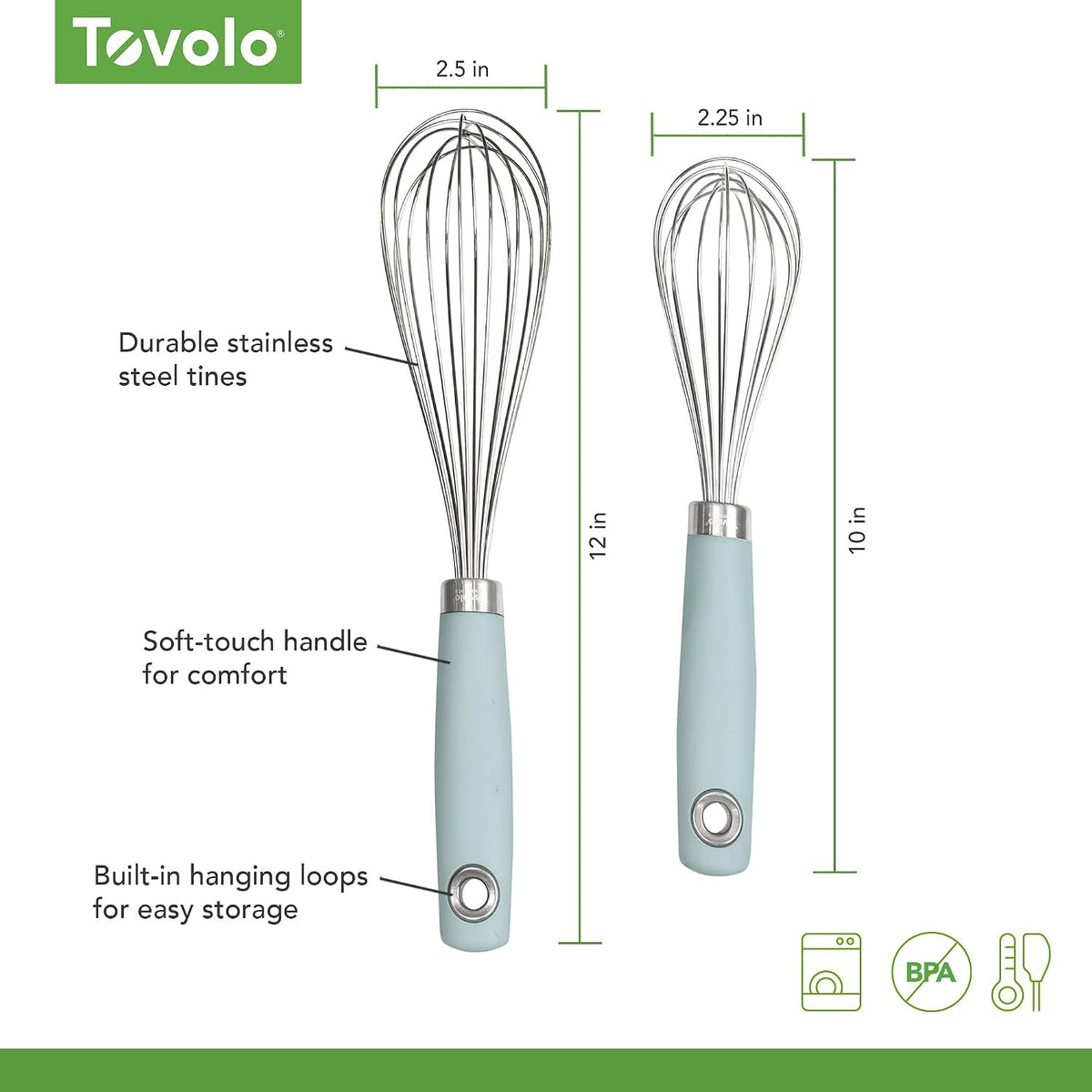 Tovolo Wire Whisk Set of 2 for Baking Cooking Mixing Whisking, 10” & 12” Inch Stainless Steel Wire Kitchen Whisk Set Balloon Design Sturdy Comfort Grip Handle BPA Free Dishwasher Safe, Blue Haze