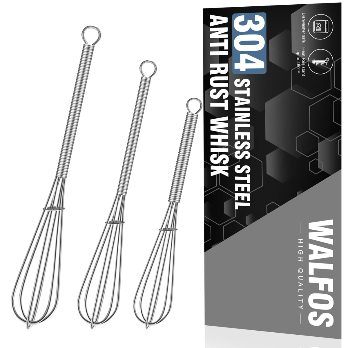 Walfos Whisk, Silicone Whisk Heat Resistant (480°F) Kitchen Whisks Set of 4- Professional Whisks For Cooking Non Scratch, Balloon Egg Whisk Perfect for Frothing, Blending, Beating