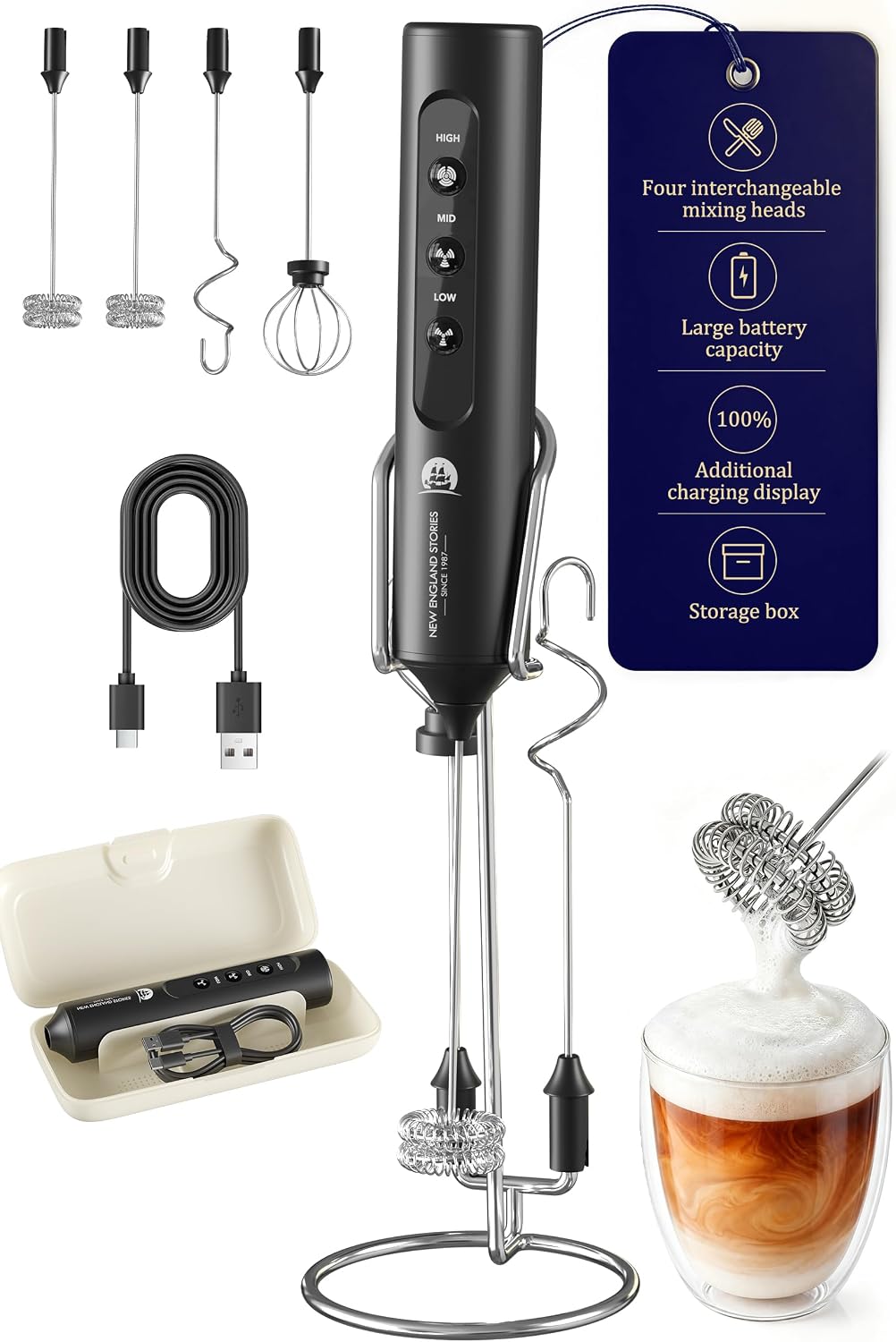 Rechargeable Milk Frother with Stand, 4 Interchangeable Whisks & Travel Case – Handheld Mixer for Lattes, Matcha, Hot Chocolate, Eggs & Protein Shakes