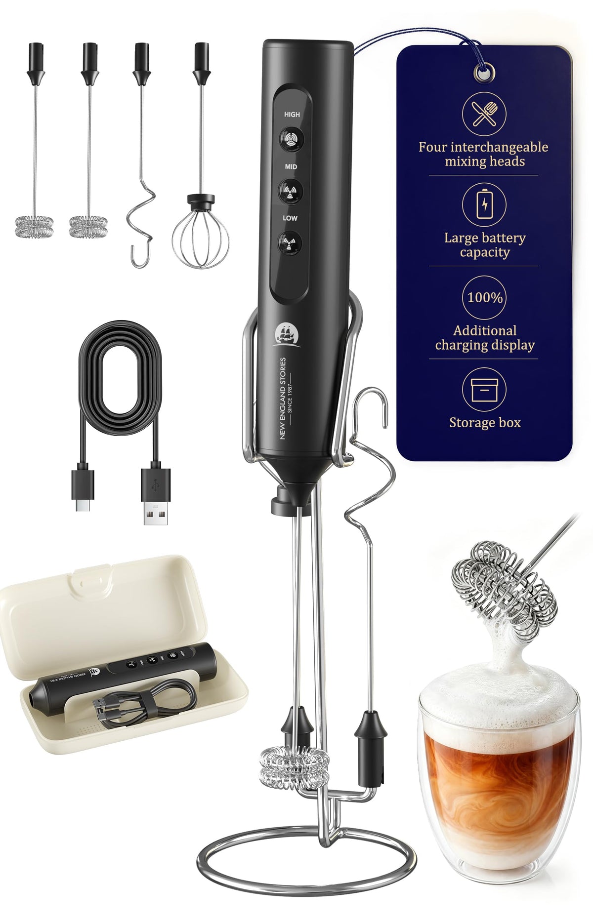 Rechargeable Milk Frother with Stand, 4 Interchangeable Whisks & Travel Case – Handheld Mixer for Lattes, Matcha, Hot Chocolate, Eggs & Protein Shakes