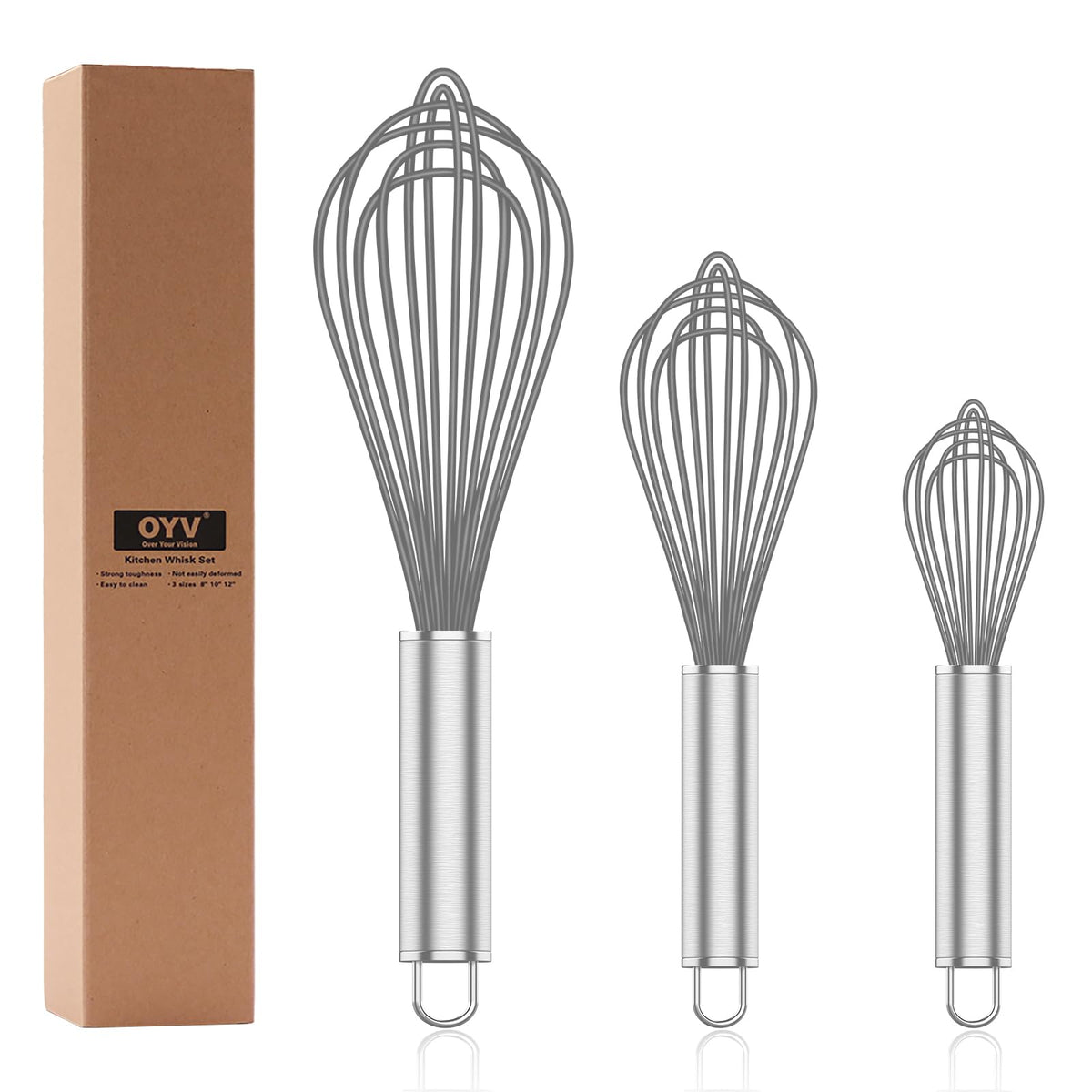 OYV Pink Silicone Whisk Set of 3, 8/10/12 Inch, Non-Scratch
