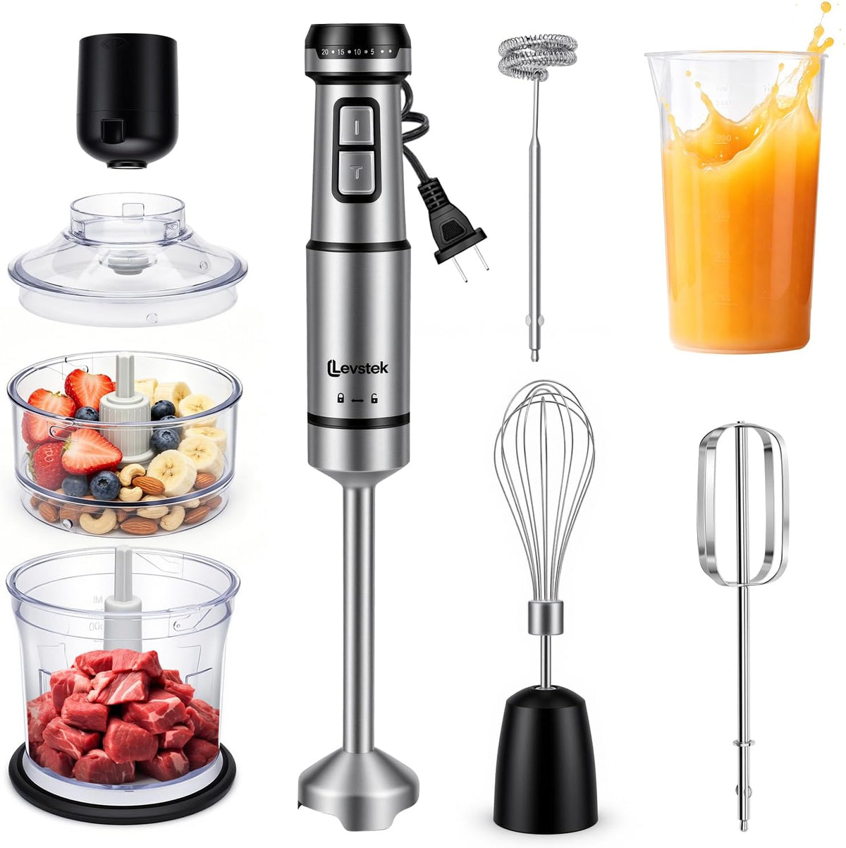 Immersion Hand Blender Set, 1200W 20-Speed Stainless Steel Stick Blender with 7 Accessories, 500ml & 200ml Chopper Cups, Milk Frother, Egg Beater, for Smoothies, Soups Kitchen Essential