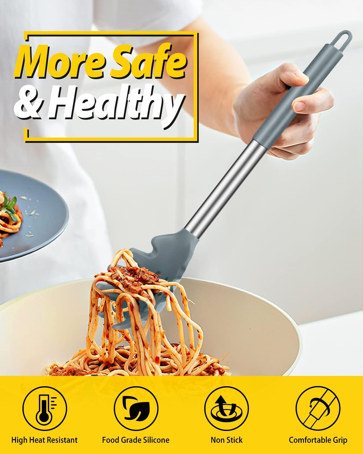 BUNDLEPRO Silicone Soup Ladle and Pasta Spoon Set, 2 Pack, Gray