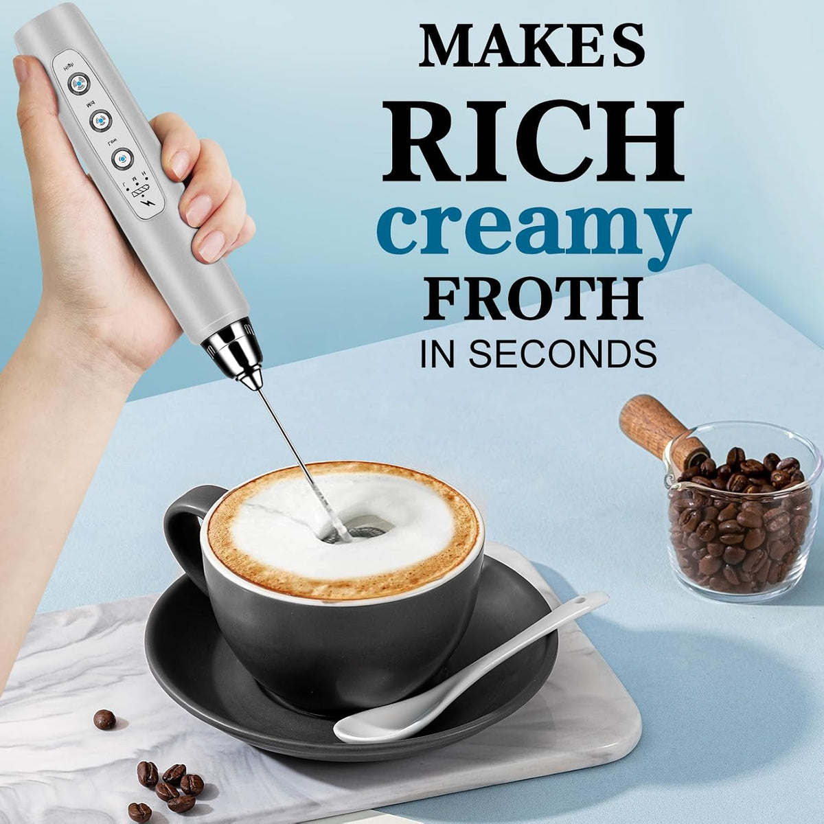 Milk Frother Wand Rechargeable Handheld Whisk Coffee 3 Speed Adjustable