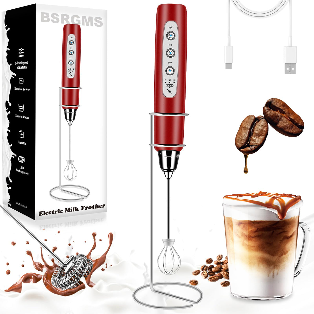 Milk Frother Wand Rechargeable Handheld Whisk Coffee 3 Speed Adjustable