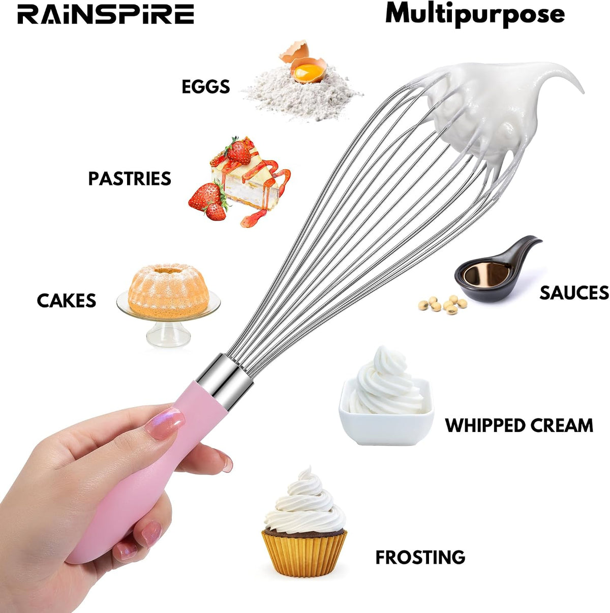 Rainspire 9" 10" 12" Wire Whisk Stainless Steel, Balloon Whisks for Cooking, Wisk Wisking Tool With Soft Silicone Handle, Thick Durable Whisker for Blending, Beating, Whisking, Stirring, Pink