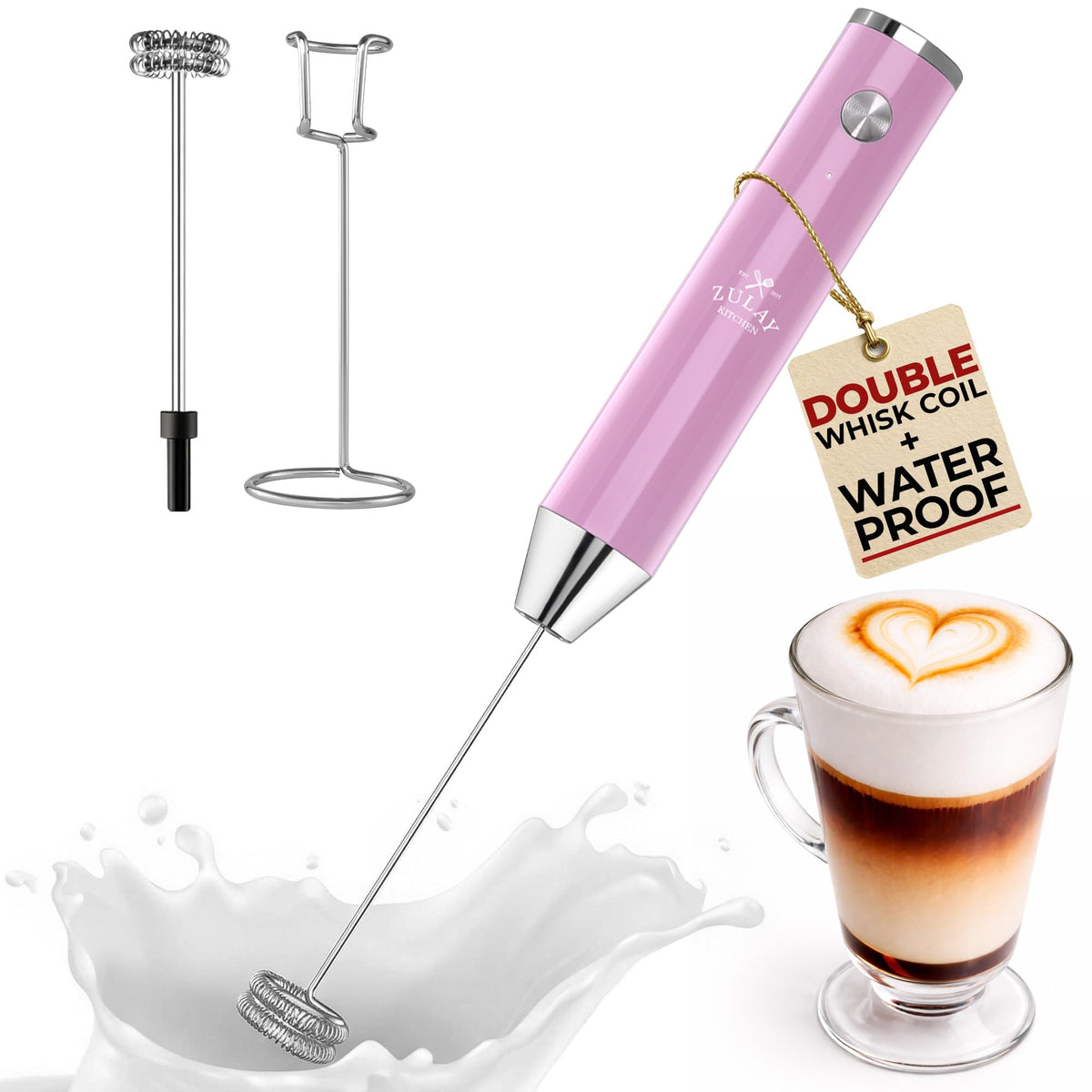 Zulay Kitchen Rechargeable Milk Frother Handheld - Frother Wand, Drink Mixer, Electric Whisk Frother, for Cappuccinos, Matcha & Protein Powder - Lux 4 Whisk 2 Speed Waterproof 2000mAh Alpha Black