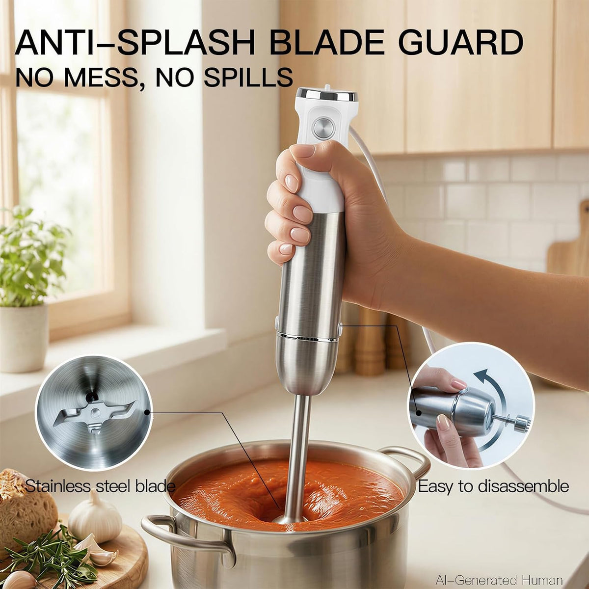 MEGAWISE 1000W Immersion 5-in-1 Hand Blender Stick with Variable Speed Turbo, Stainless Steel Kitchen Appliance for Soup Smoothie, Includes Whisk Milk Frother Chopper Beaker White