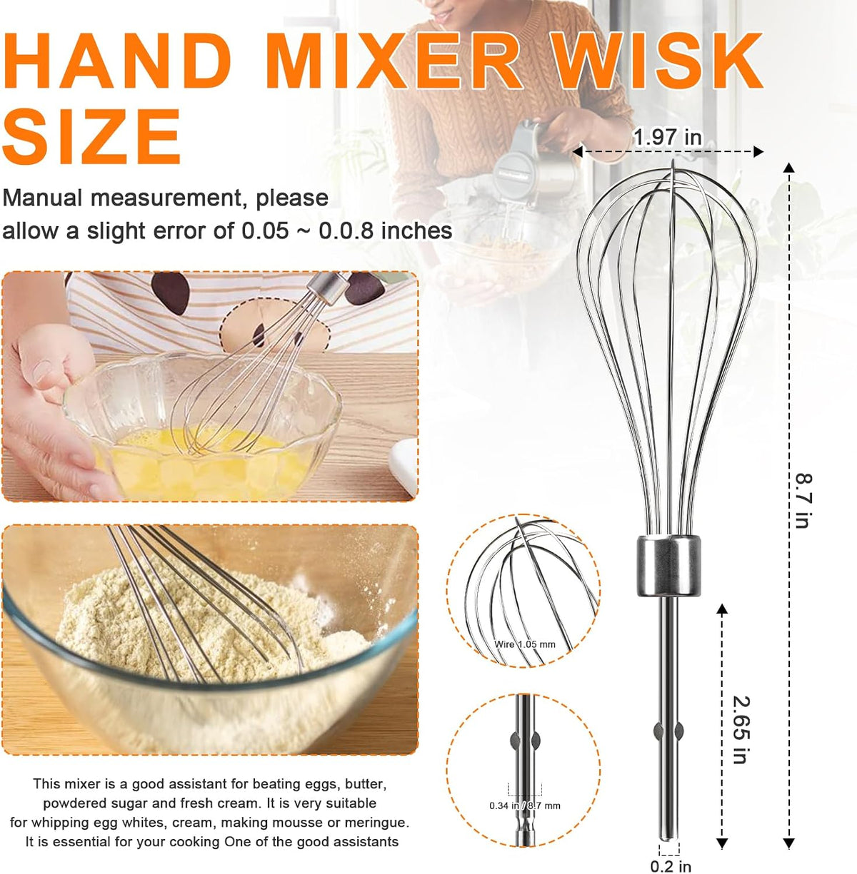 Hand Mixer Beaters Attachments for Kitchenaid Whisk, Beater, Dough Hook, Blending Rod, Stainless Steel Hand Mixers Blender Accessories for Kitchenaid KHM3 KHM5 KHM7 KHM9 KHM926 KHM512-6PCS