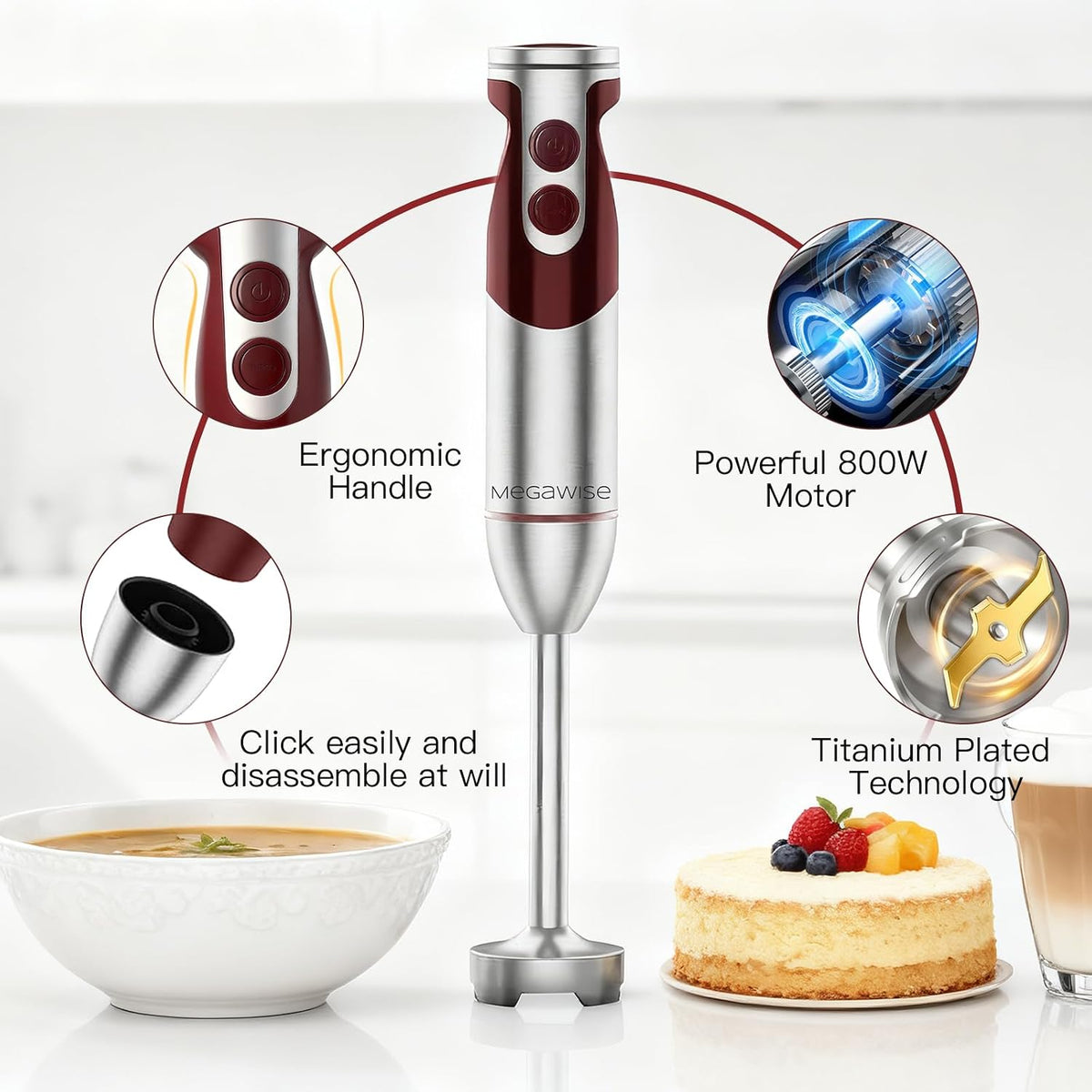 MEGAWISE Immersion Hand Blender 3-in-1, 12-Speed Stick Blender with Turbo, Egg Whisk & Milk Frother for Soups, Sauces, Smoothies and Baby Food, Red