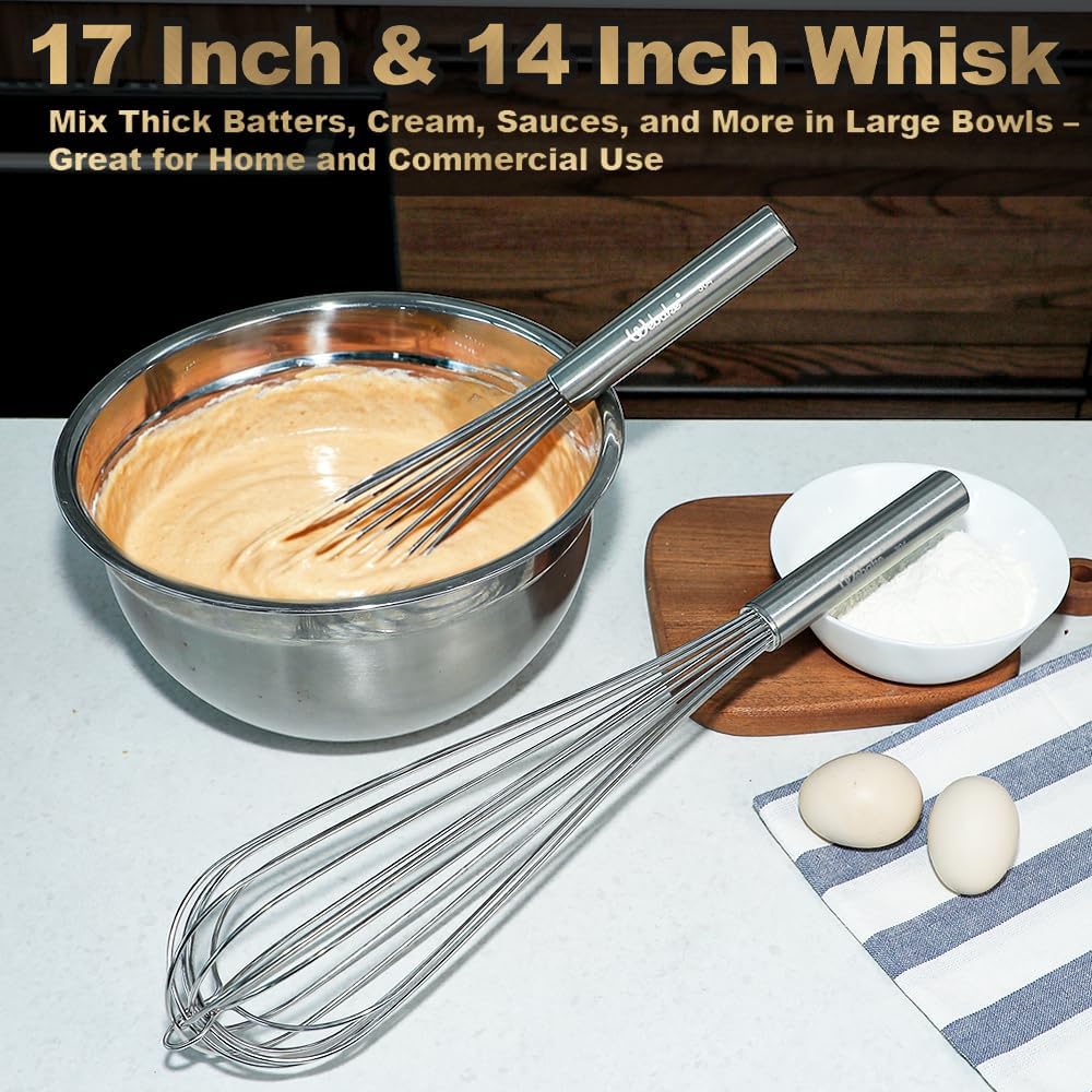Webake 17 Inch & 14 Inch Commercial Whisk Set of 2, 304 Stainless Steel Large Whisk, Extra-Thick 2.5mm Wires, Professional Kitchen Tool for Mixing, Beating, Blending