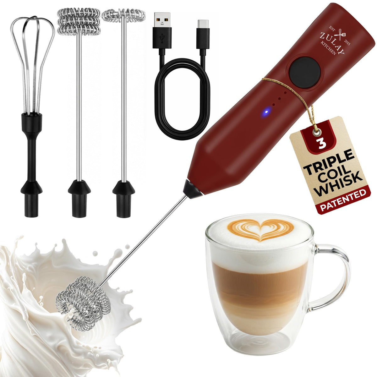 Zulay Kitchen Rechargeable Milk Frother Handheld - Frother Wand, Drink Mixer, Electric Whisk Frother, for Cappuccinos, Matcha & Protein Powder - Lux 4 Whisk 2 Speed Waterproof 2000mAh Alpha Black