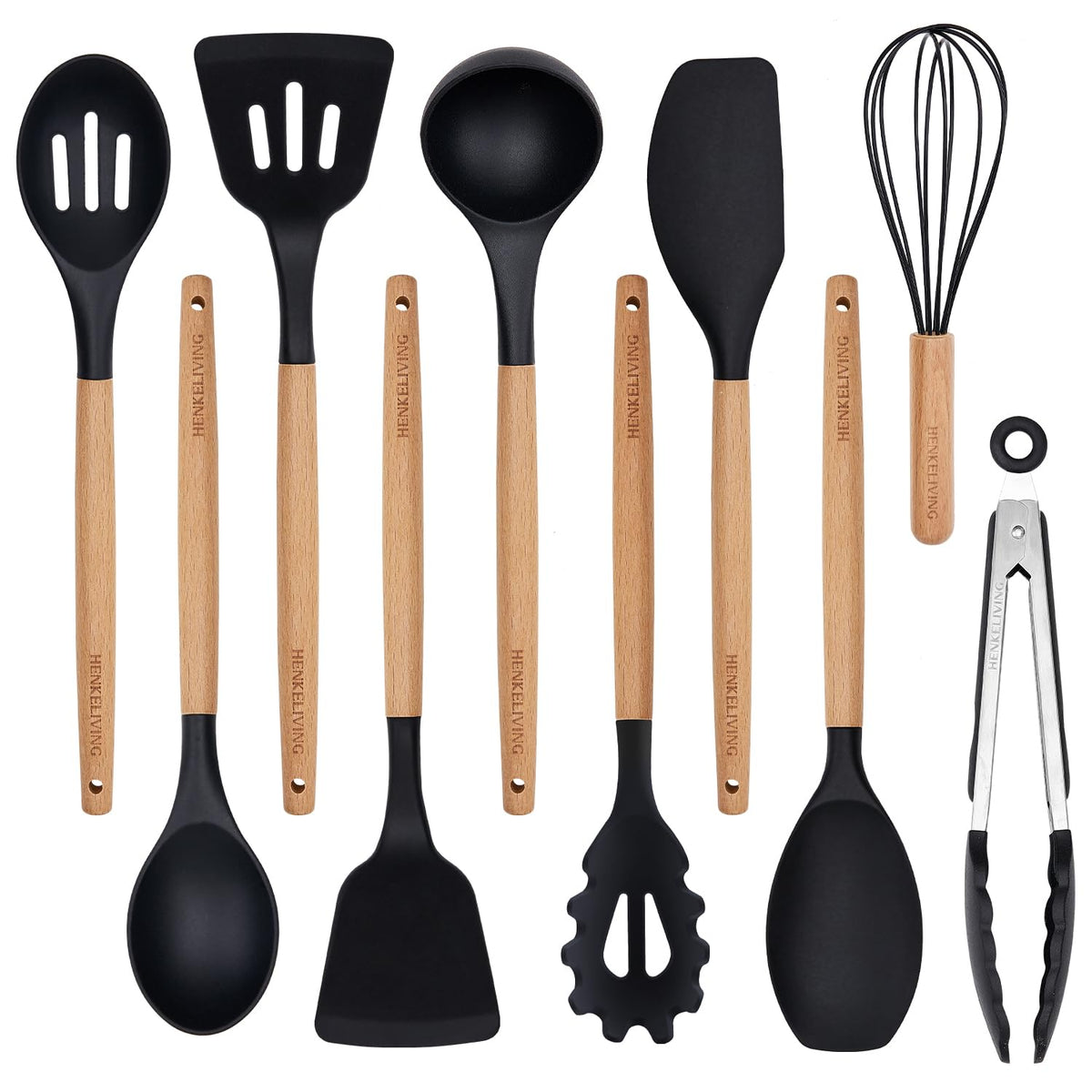 Silicone 10 Pcs Kitchen Cooking Utensils Set, Recycled Materials Certification, BPA Free Spatula Set with Heat Resistant Wood Handles for Nonstick Cookware, Cream White