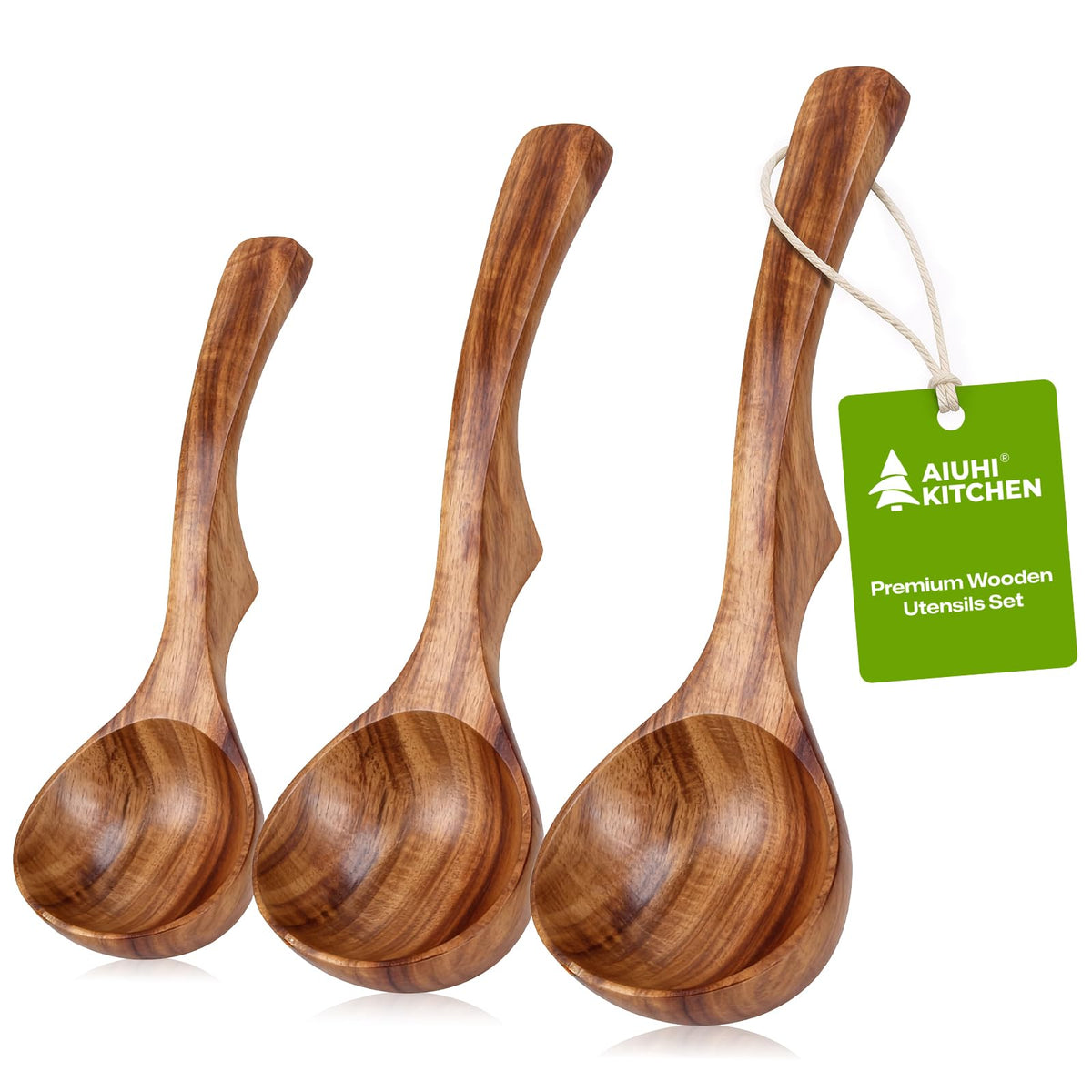 AIUHI 10Pcs Wooden Kitchen Utensils, Teak Wood Utensil Set for Kitchen, Heat-resistant Wooden Spoons for Cooking, Nonstick Wood Spatula Soup Ladle Tong Egg Whisk