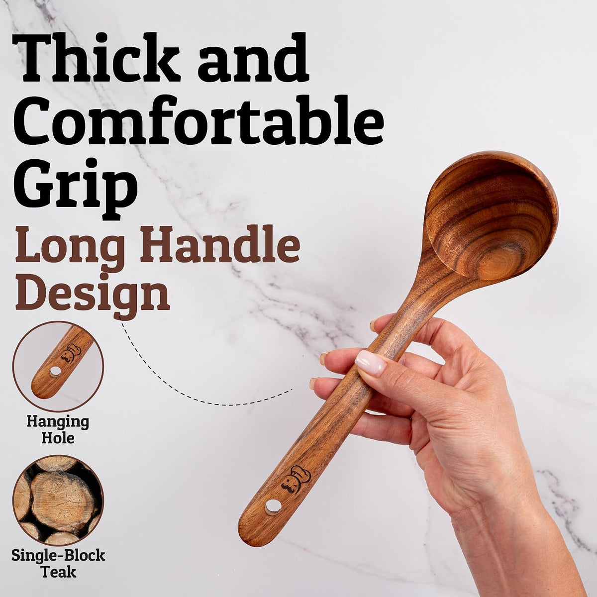 PriorityChef Premium Wooden Ladle for Soup - Handcrafted Teak Wooden Soup Spoon with Long Handle for Cooking and Serving - Deep Wood Ladel for Kitchen Use - Nonstick Safe Wood Ladle