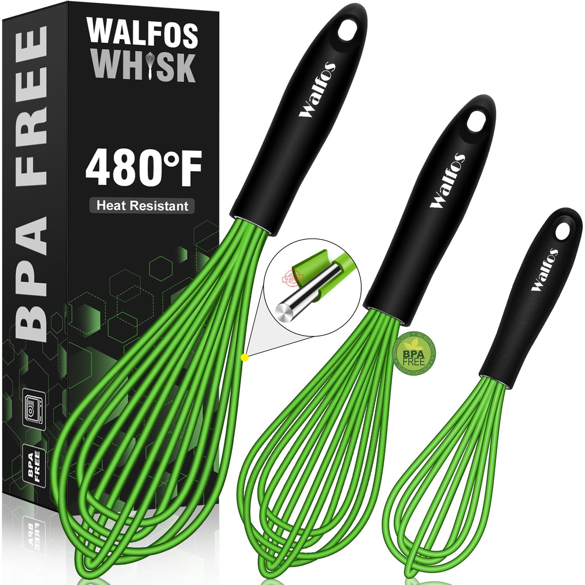 Walfos Silicone Whisk,Stainless Steel Wire Whisk Set of 3 -Heat Resistant 480°F Kitchen Whisks for Non-stick Cookware,Balloon Egg Beater Perfect for Blending,Whisking,Beating,Frothing & Stirring,Black