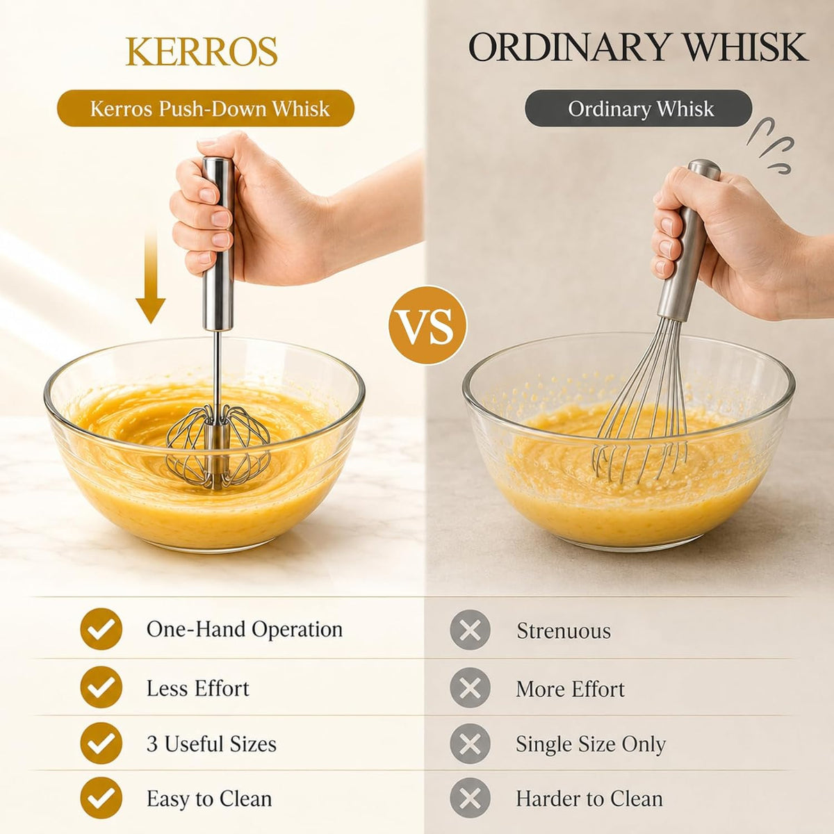 Kerros 3 Pack Semi Automatic Whisk Set, Stainless Steel Egg Beaters