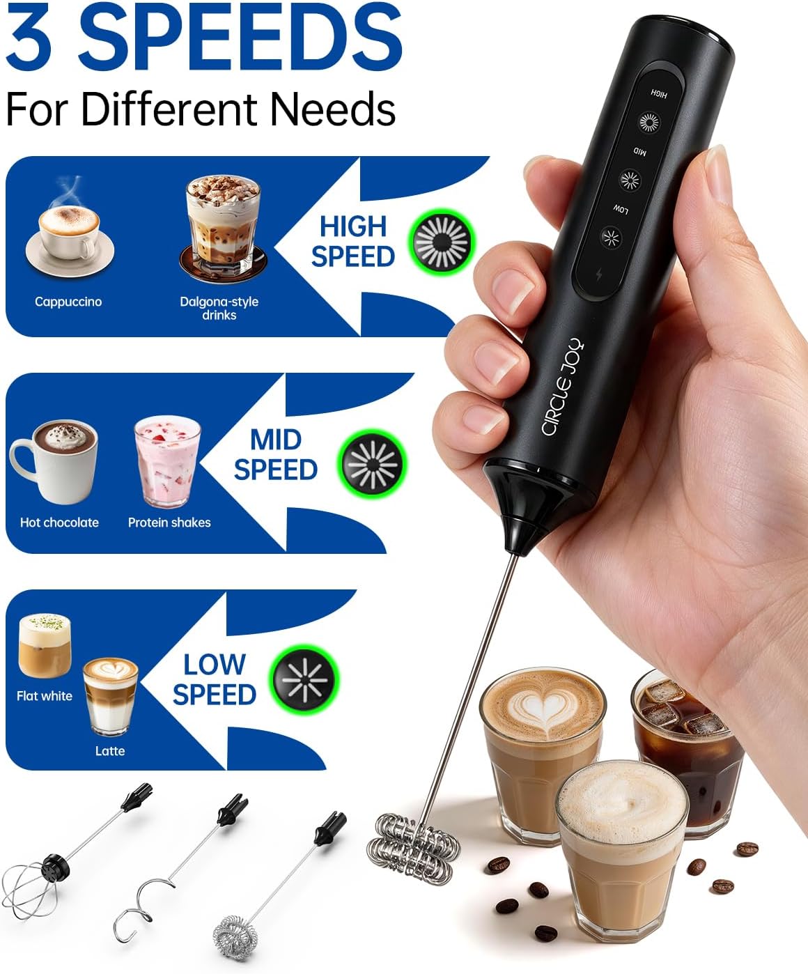 CIRCLE JOY Rechargeable Handheld Milk Frother Wand with 3 Variable Speeds, 3 Whisks and Storage Box, Electric Drink Mixer for Latte, Cappuccino, Hot Chocolate, Eggs and Protein Powder, Black