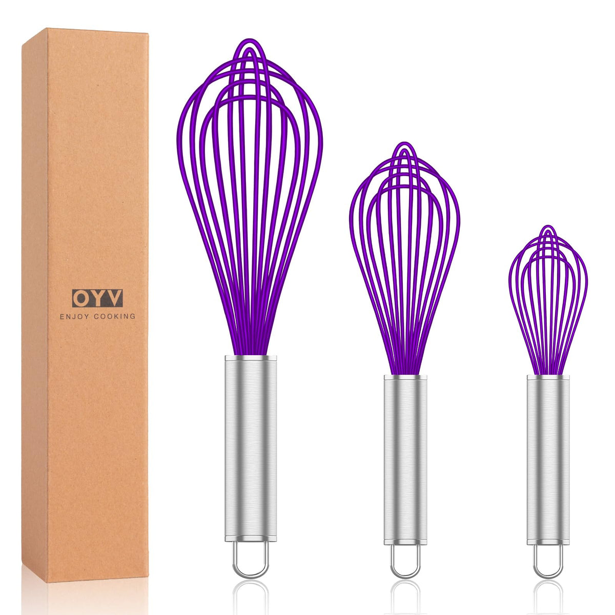 OYV Pink Silicone Whisk Set of 3, 8/10/12 Inch, Non-Scratch