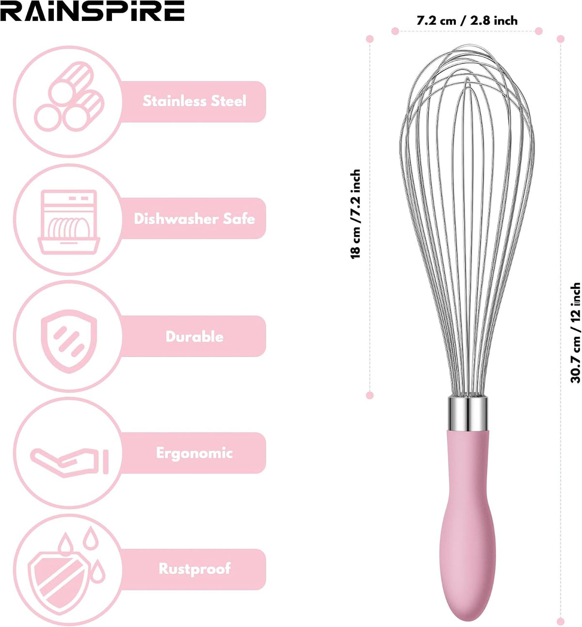Rainspire 9" 10" 12" Wire Whisk Stainless Steel, Balloon Whisks for Cooking, Wisk Wisking Tool With Soft Silicone Handle, Thick Durable Whisker for Blending, Beating, Whisking, Stirring, Pink