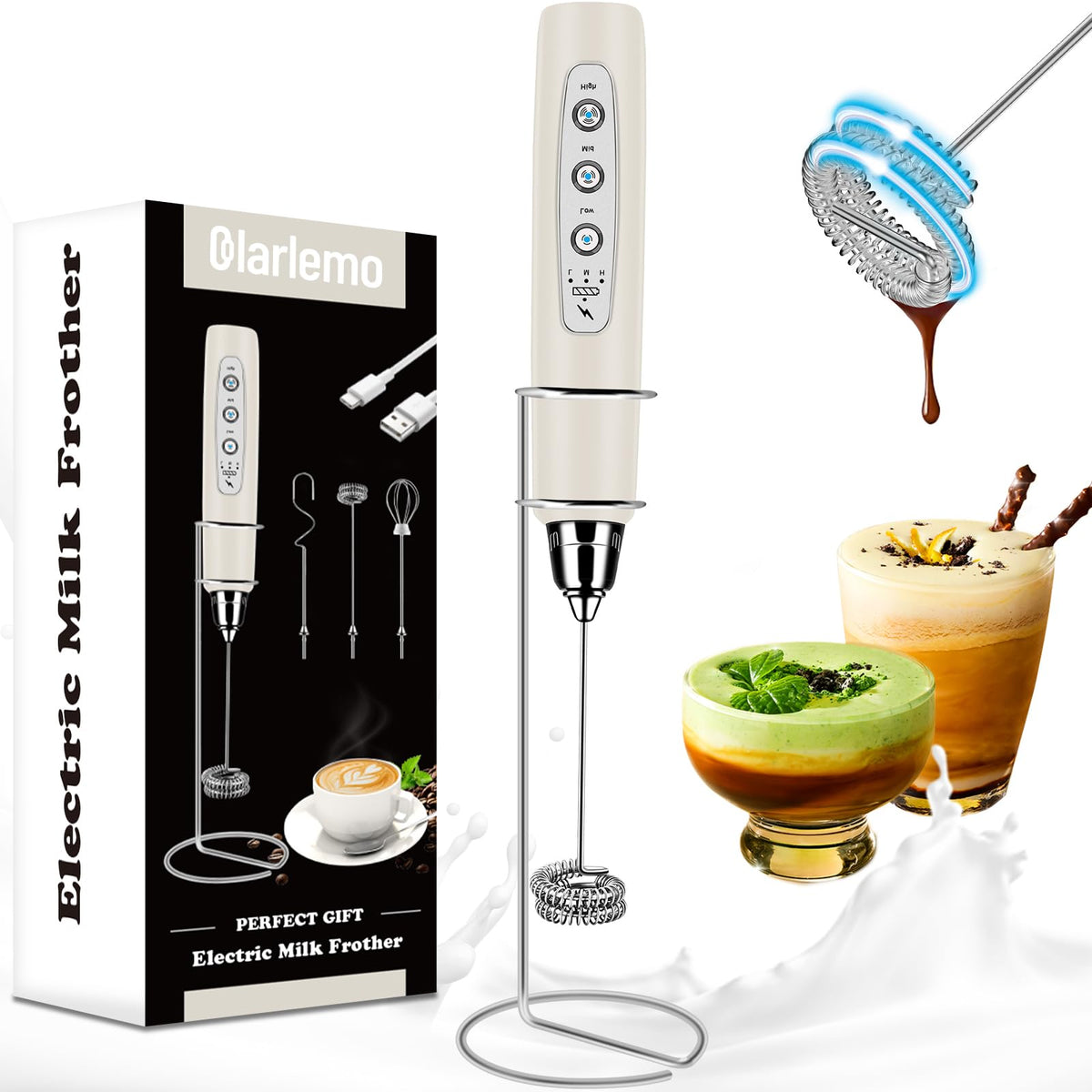 Colarlemo Milk Frother Handheld Rechargeable, Frother Wand Drink Mixer Electric Whisk for Coffee, Detachable With 3 Stainless Whisks, Hand Mixer for Lattes, Cappuccino, Matcha, Egg, No Stand,Black
