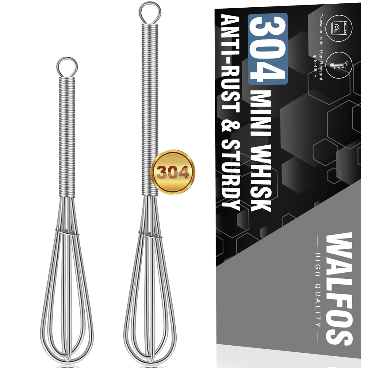 Walfos Silicone Whisk,Stainless Steel Wire Whisk Set of 3 -Heat Resistant 480°F Kitchen Whisks for Non-stick Cookware,Balloon Egg Beater Perfect for Blending,Whisking,Beating,Frothing & Stirring,Black
