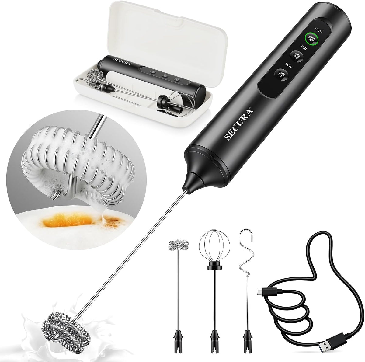 Secura Rechargeable Handheld Milk Frother with 3 Speeds, 3 Whisks and Case