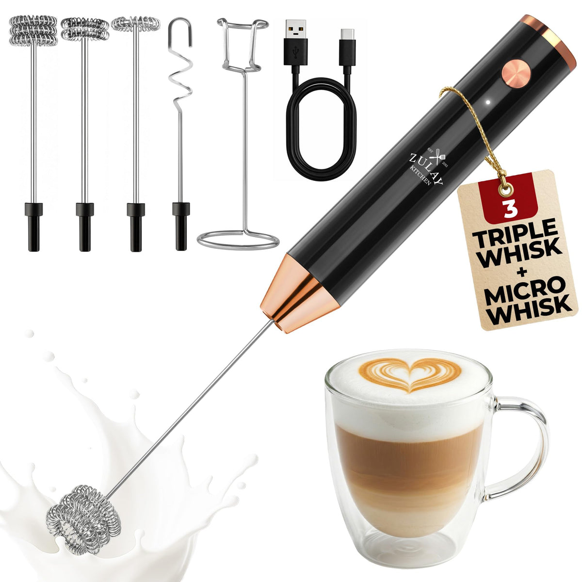 Zulay Kitchen Powerful Milk Frother Wand With Duracell Batteries - Ultra Fast Handheld Drink Mixer - Electric Whisk Foam Maker for Coffee, Lattes, Cappuccino & Matcha - Z1 Motor - Black