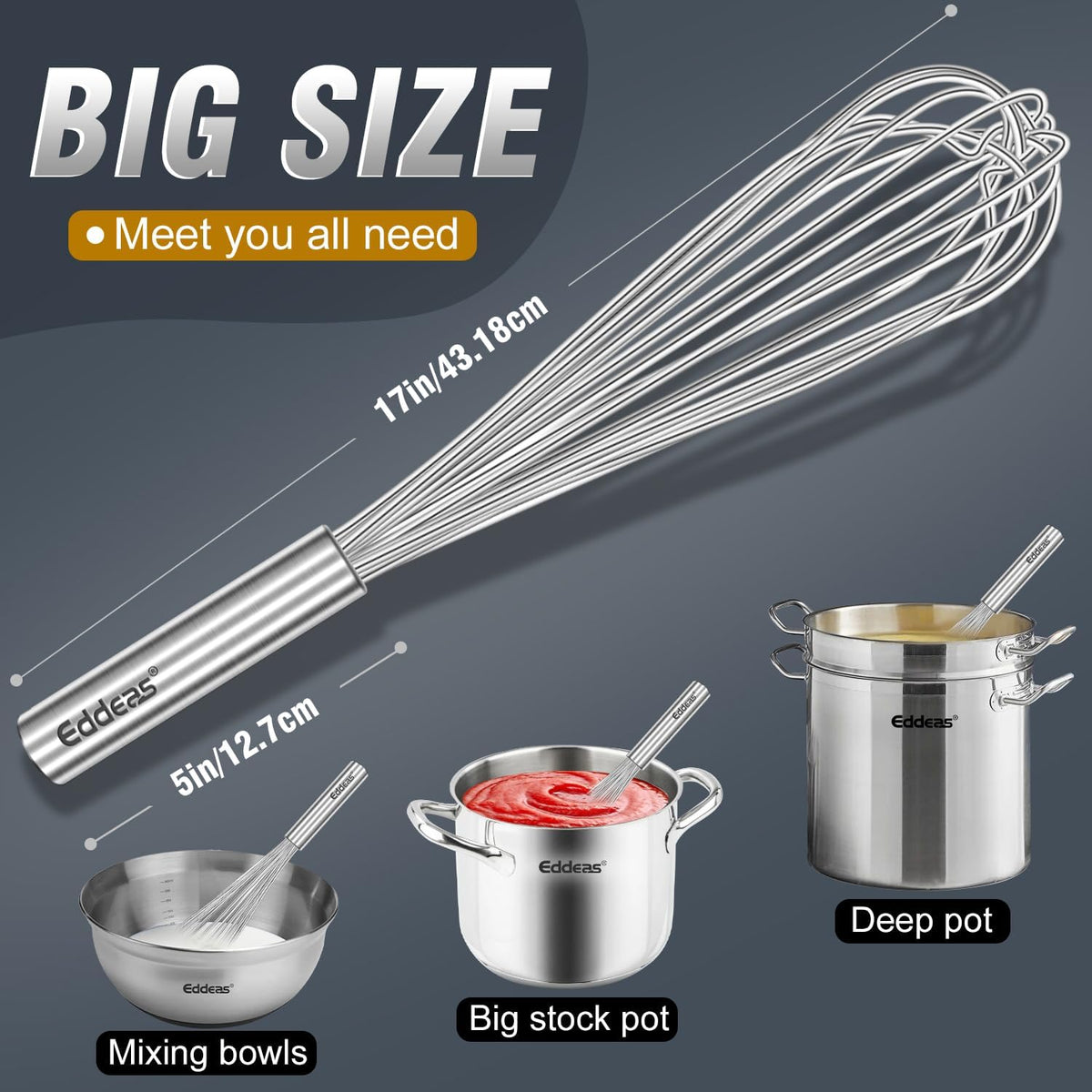 Eddeas 17in/43cm Extra Large Whisk,5Ib Heavy Duty Whisk, 2.4mm Wire Whisk Suitable for Mixing Thick batter and Large batch soup.Not suitable for individual small batch production(Silver)