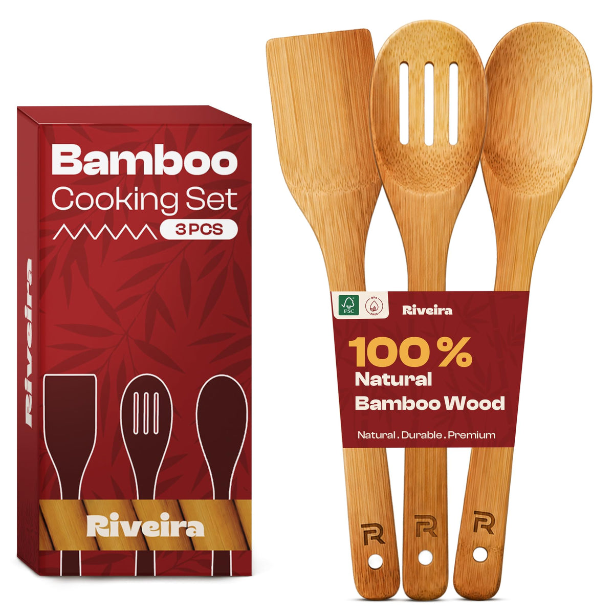 Riveira Bamboo Cooking Spoons 6-Piece – Wooden Cooking Utensils Set with Wooden Spoons for Cooking & Spatulas Wooden Utensil Sets – Premium Kitchen Utensils Set – Durable First Apartment Essentials