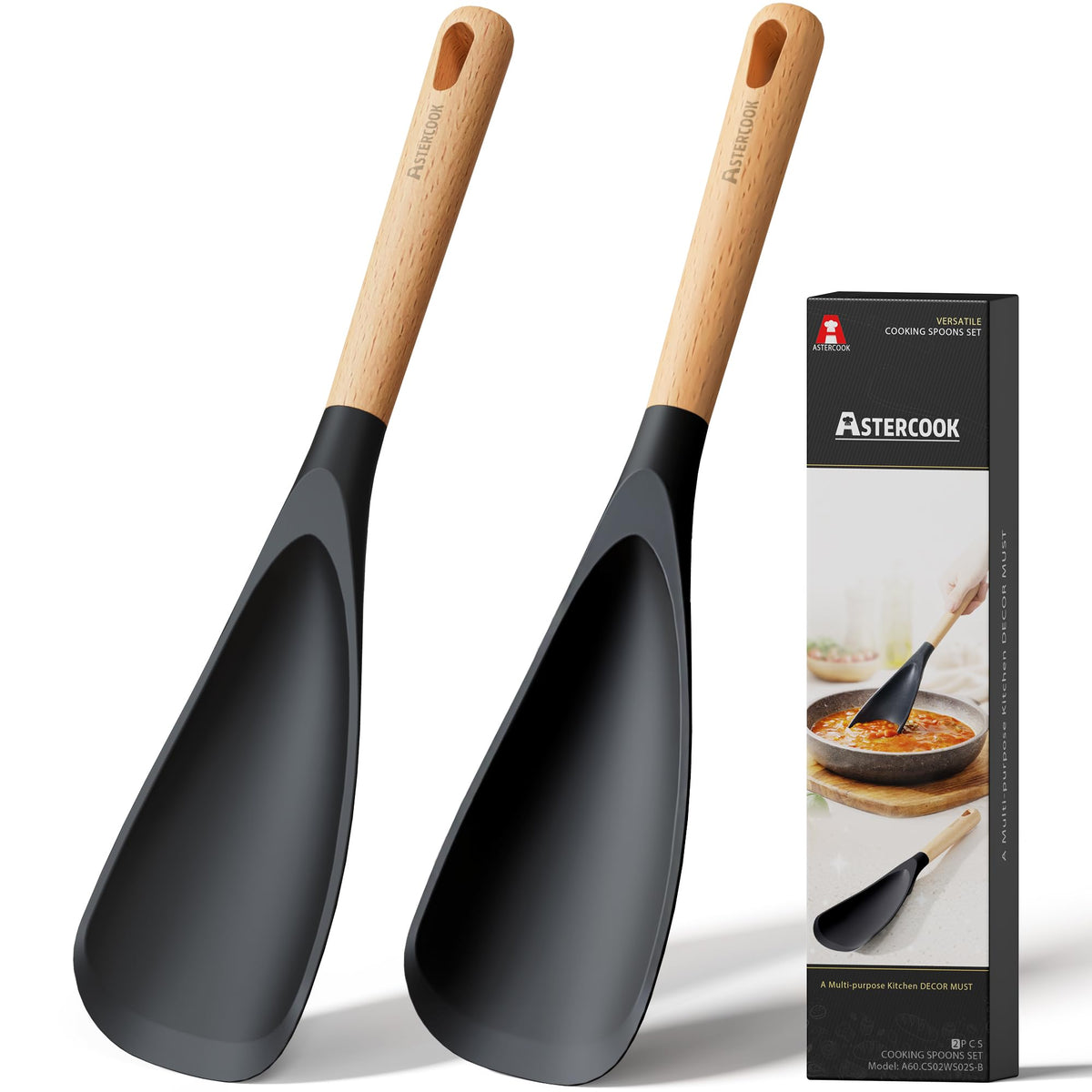 Astercook Cooking Spoon, 2 Pack, Nonstick Safe Silicone Spoonula Spatula