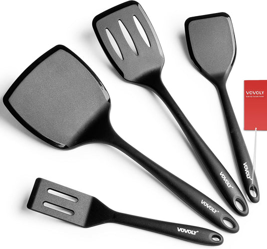 Silicone Spatula Set, 600°F Heat Resistant Kitchen Utensils, 4-Pcs, Black