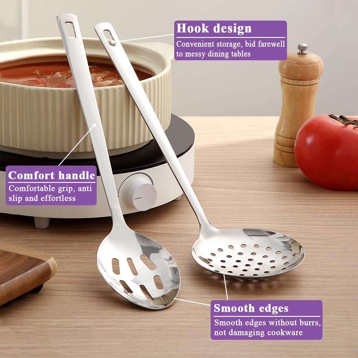Berglander Slotted Spoons for Straining 2 pcs 13", Stainless Steel Kitchen Spider Strainer Skimmer Ladle for Straining Pasta/Cooking/Frying, Metal Kitchen Utensils Pasta Spoon