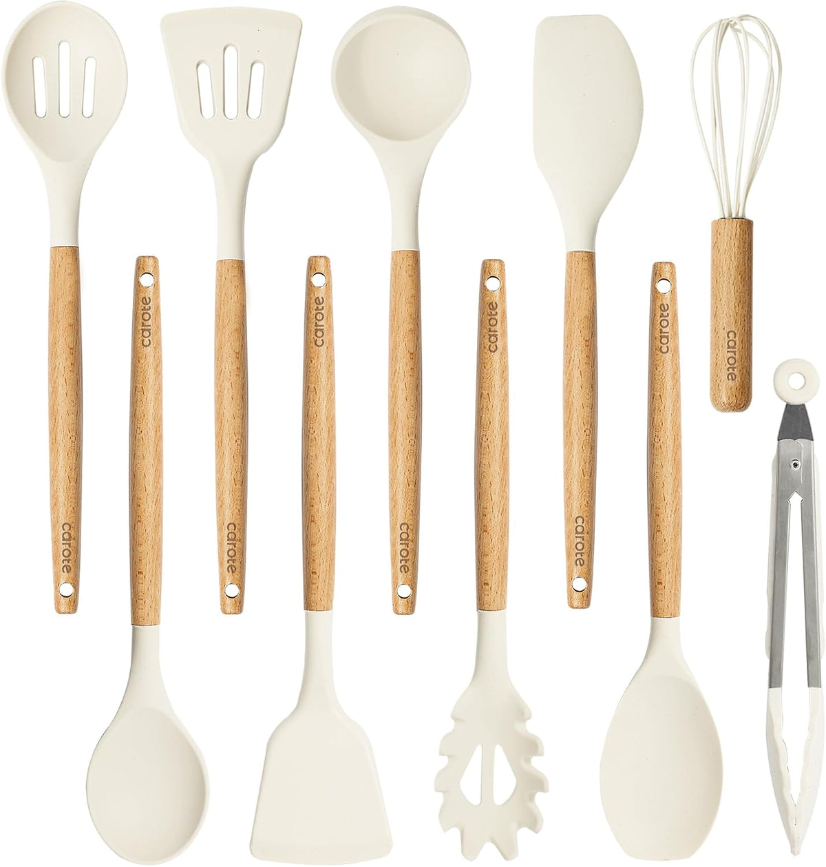 CAROTE 10-Piece Kitchen Utensils Set with Wood Cool-Touch Handles, Cream
