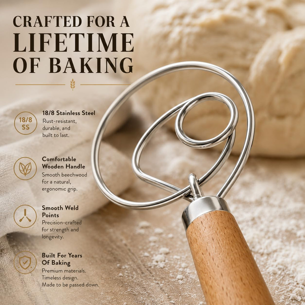 King Arthur Baking Company Baker’s Dough Whisk, Single-Loop, 18/8 Stainless Steel, For Mixing Bread, Sourdough, Pizza, And Cookie Dough