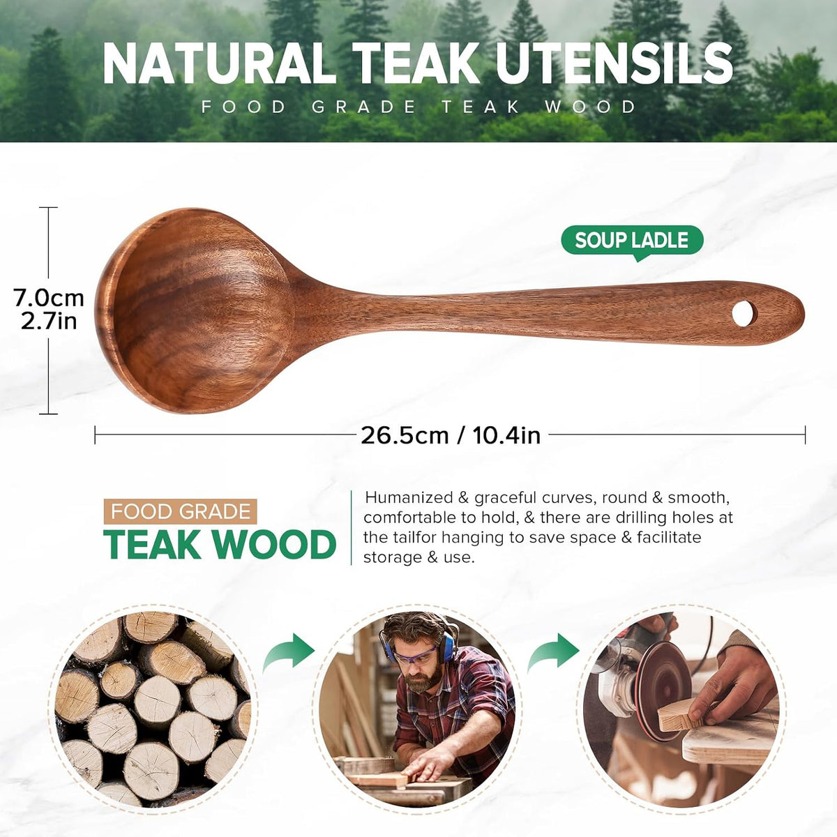 Wooden Soup Ladle Spoons for Cooking Serving, Teak Wood, 10.6"