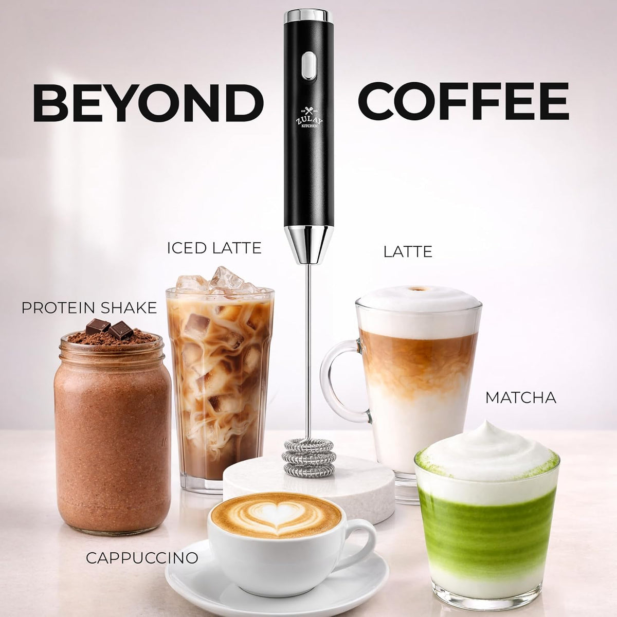 Zulay Kitchen Rechargeable Milk Frother Handheld - Frother Wand, Drink Mixer, Electric Whisk Frother, for Cappuccinos, Matcha & Protein Powder - Ultra Metal 4 Whisk, 1800mAh Black