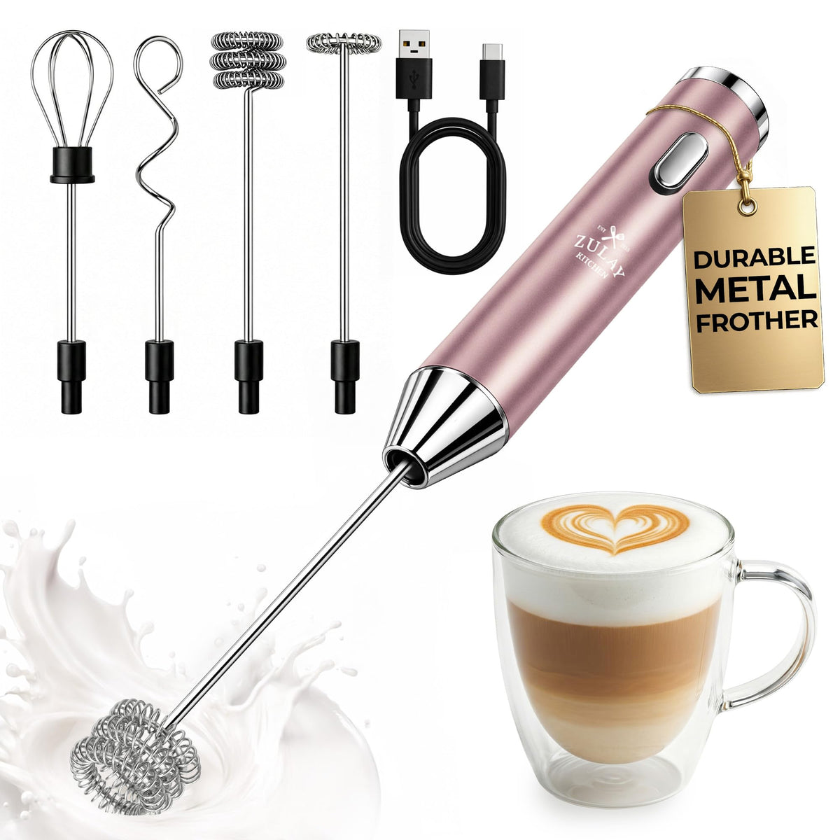 Zulay Kitchen Rechargeable Milk Frother Handheld - Frother Wand, Drink Mixer, Electric Whisk Frother, for Cappuccinos, Matcha & Protein Powder - Lux 4 Whisk 2 Speed Waterproof 2000mAh Alpha Black