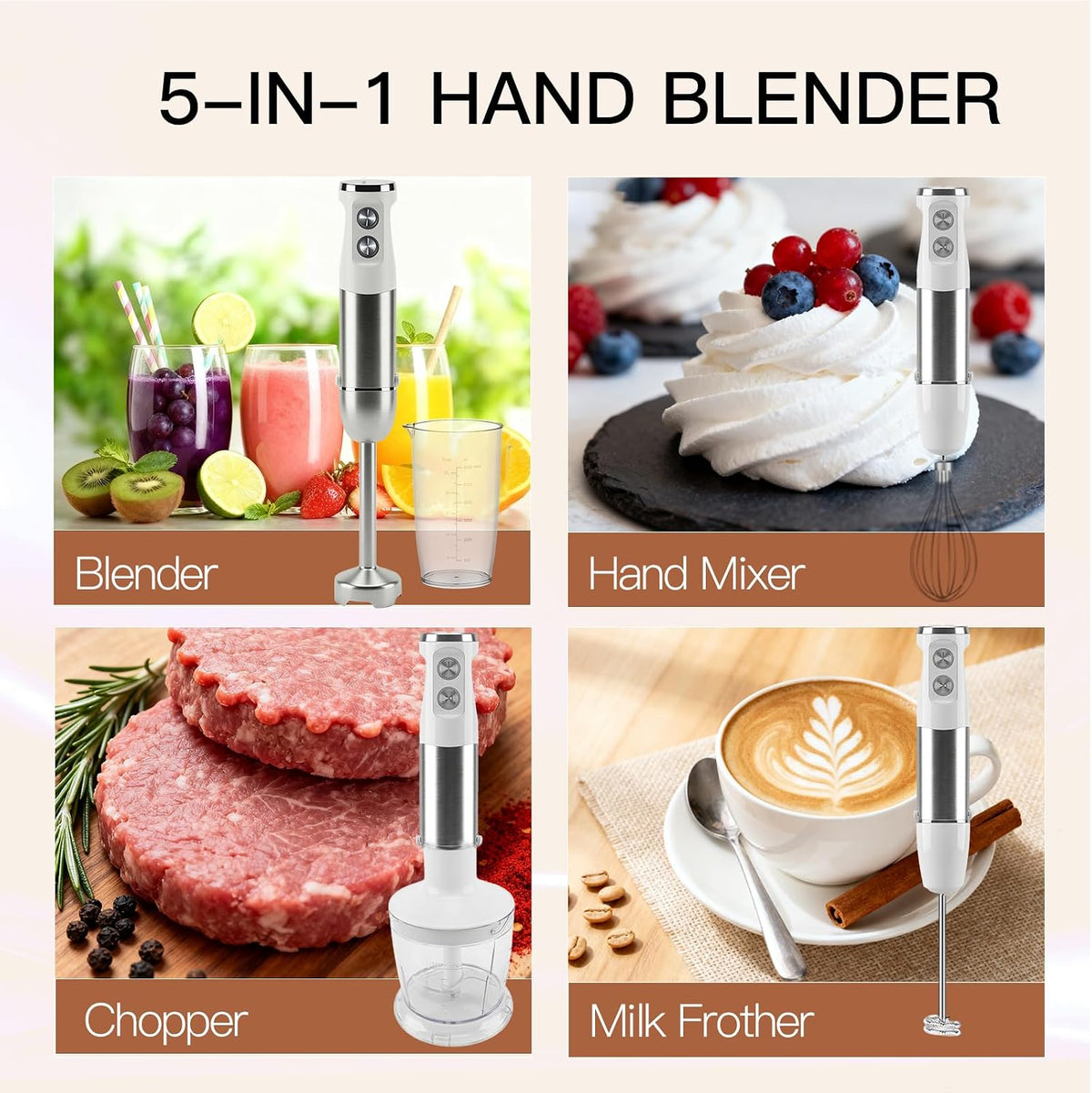 MEGAWISE 1000W Immersion 5-in-1 Hand Blender Stick with Variable Speed Turbo, Stainless Steel Kitchen Appliance for Soup Smoothie, Includes Whisk Milk Frother Chopper Beaker White