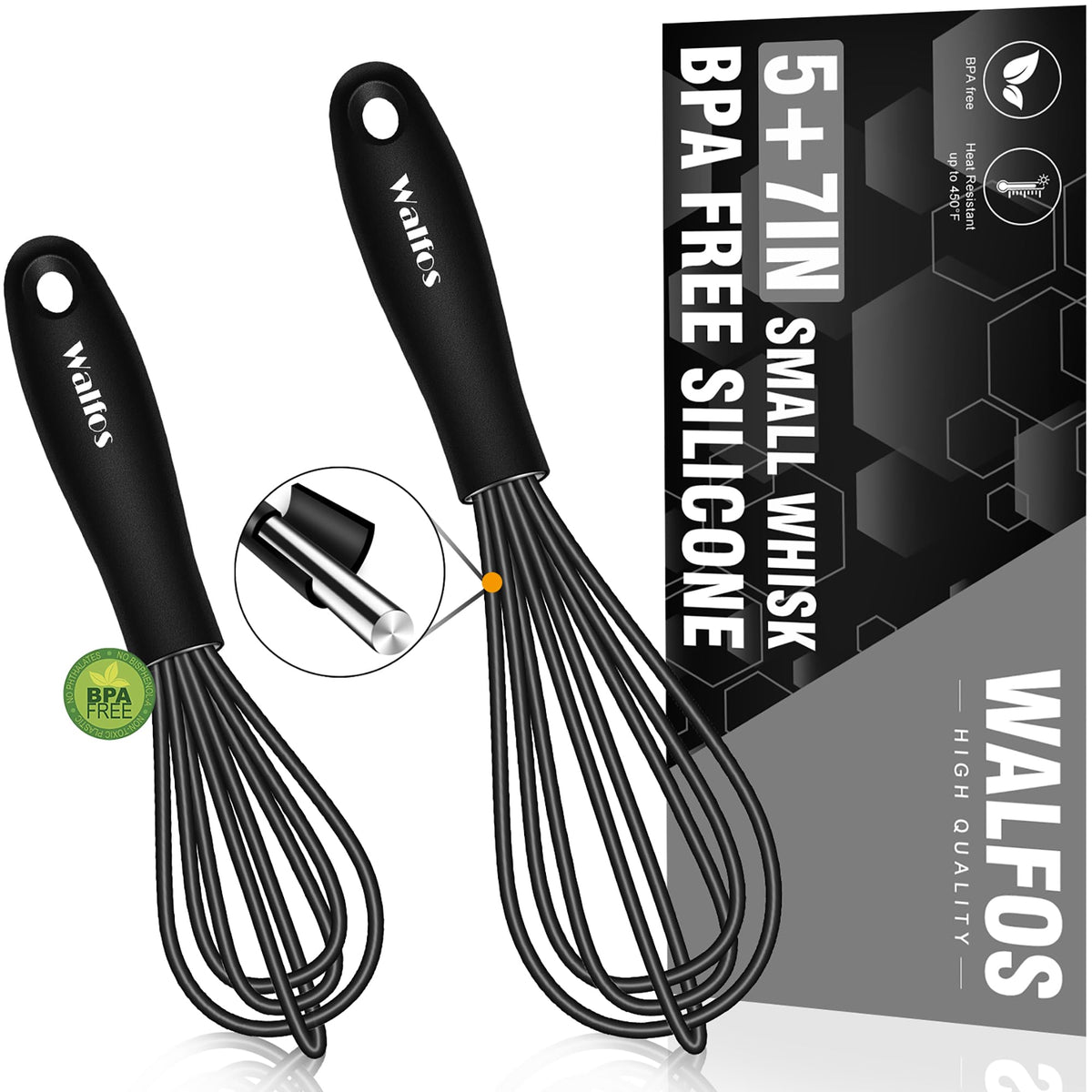 Walfos Silicone Whisk,Stainless Steel Wire Whisk Set of 3 -Heat Resistant 480°F Kitchen Whisks for Non-stick Cookware,Balloon Egg Beater Perfect for Blending,Whisking,Beating,Frothing & Stirring,Black