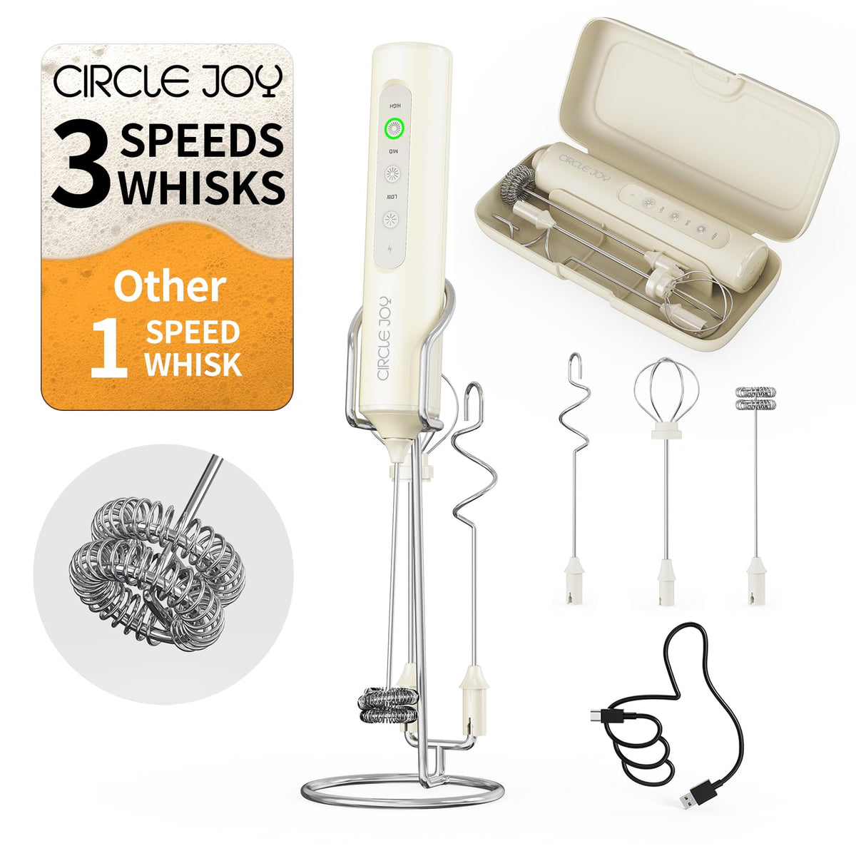 CIRCLE JOY Rechargeable Handheld Milk Frother Wand with 3 Variable Speeds, 3 Whisks and Storage Box, Electric Drink Mixer for Latte, Cappuccino, Hot Chocolate, Eggs and Protein Powder, Black