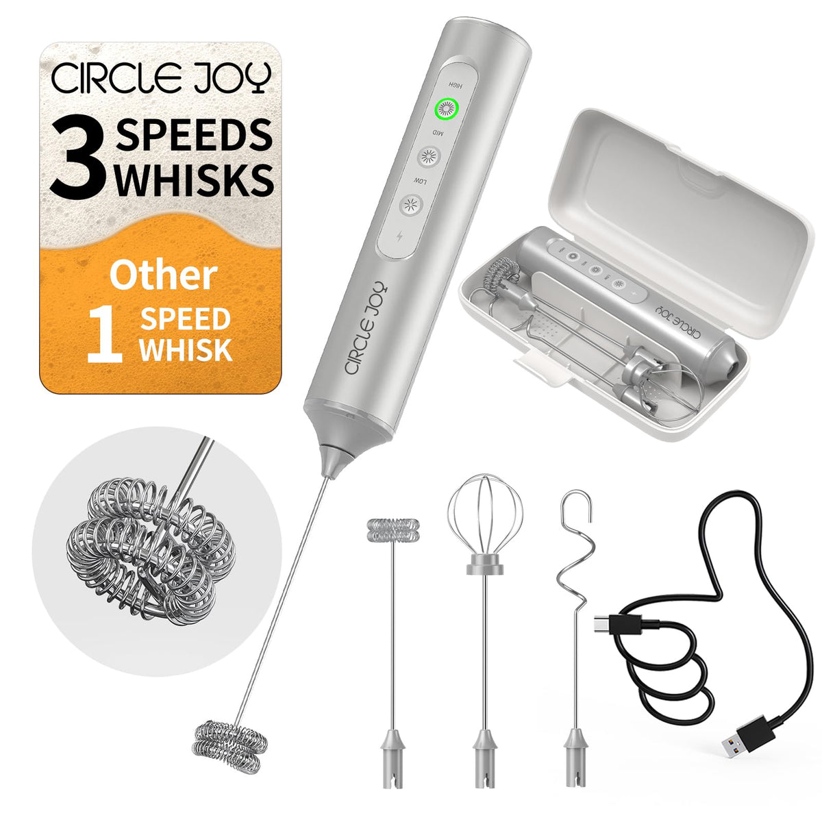 CIRCLE JOY Rechargeable Handheld Milk Frother Wand with 3 Variable Speeds, 3 Whisks and Storage Box, Electric Drink Mixer for Latte, Cappuccino, Hot Chocolate, Eggs and Protein Powder, Black