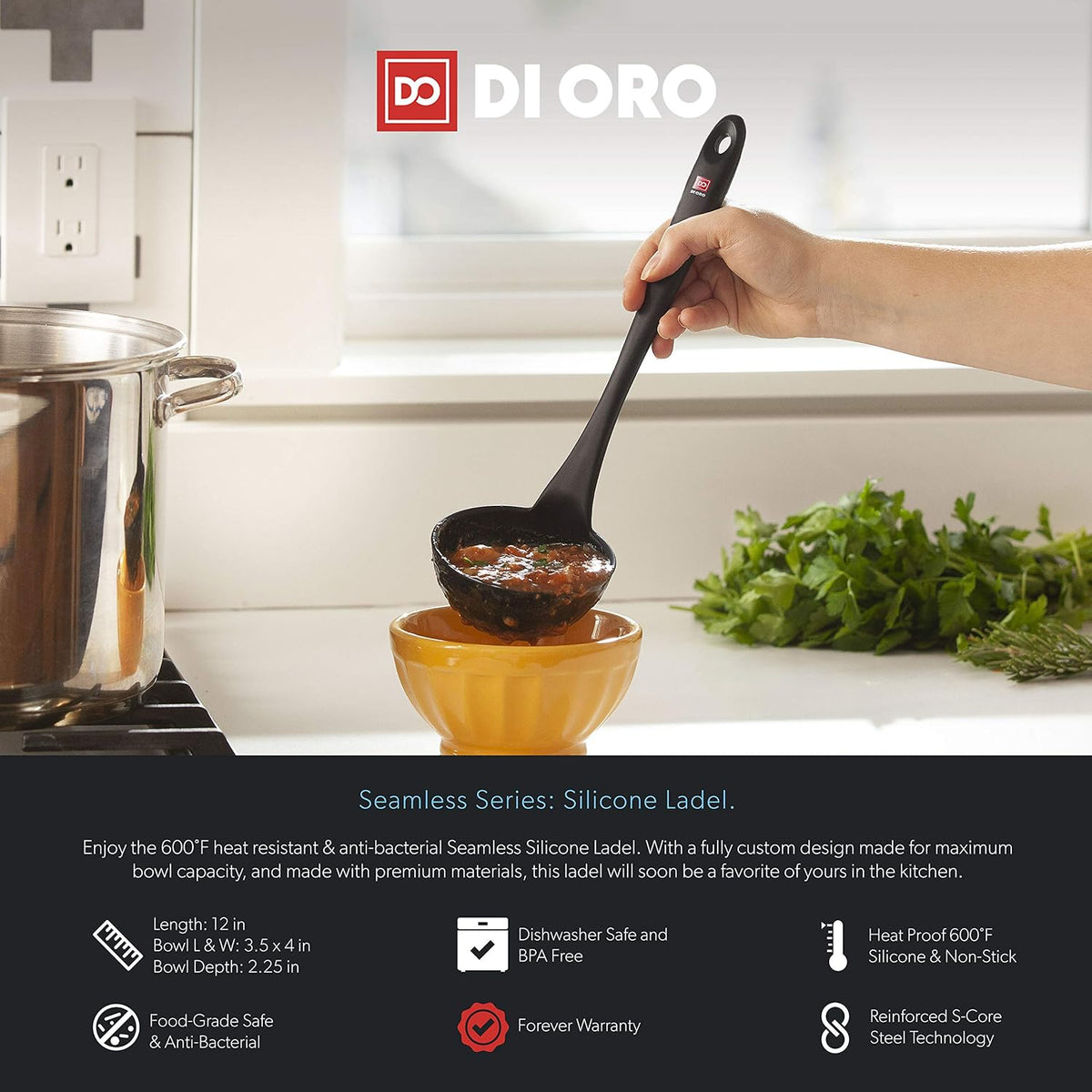 DI ORO Silicone Ladle - Soup & Serving, 600F Heat Resistant, Black