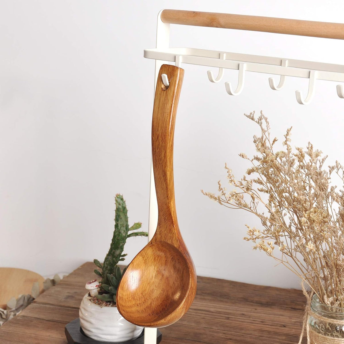 FJNATINH Wooden Ladle with Long Handle, Handmade Soup Ladle for Cooking Kitchen Cookware