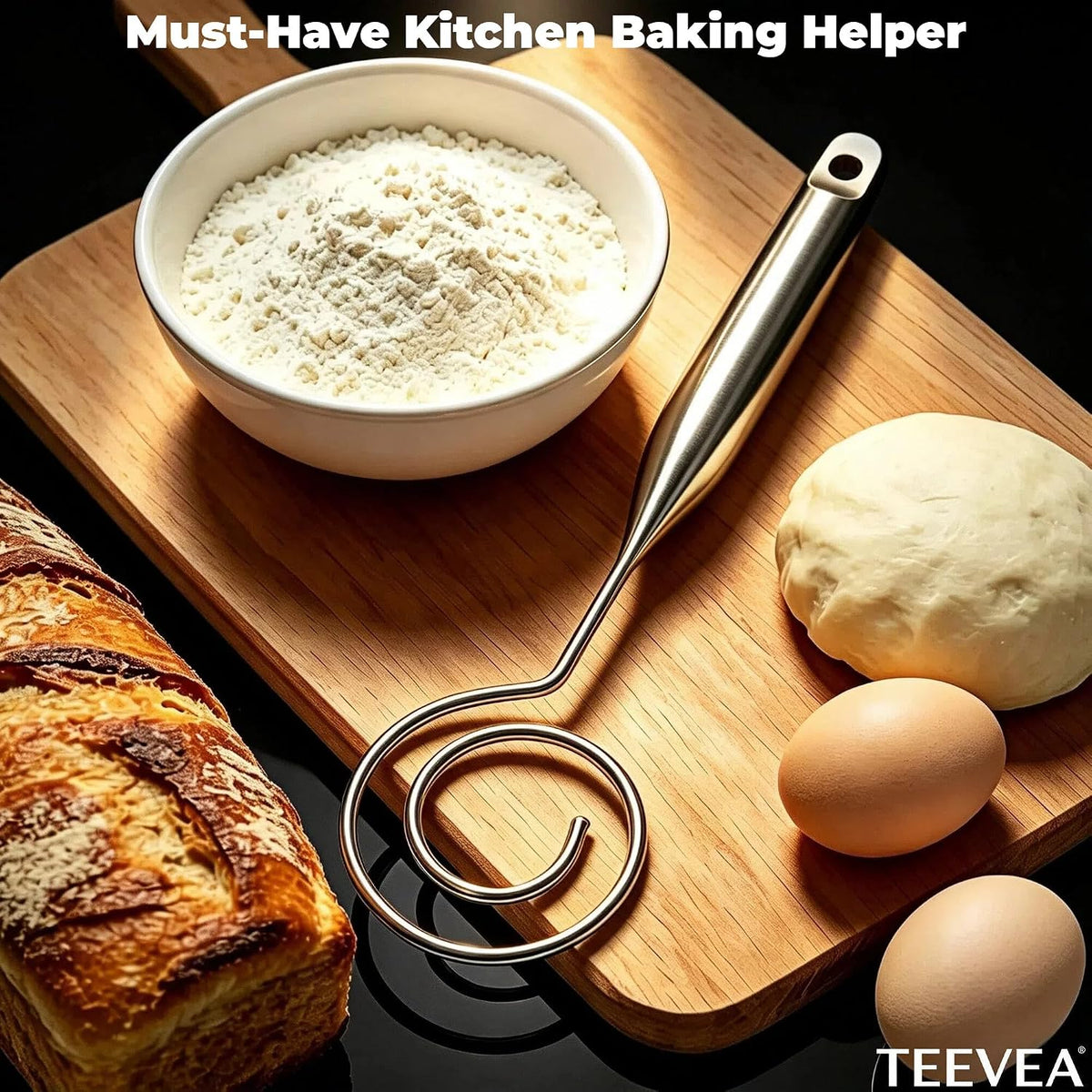 TEEVEA Danish Dough Whisk Seamless Stainless Steel for Sourdough Bread