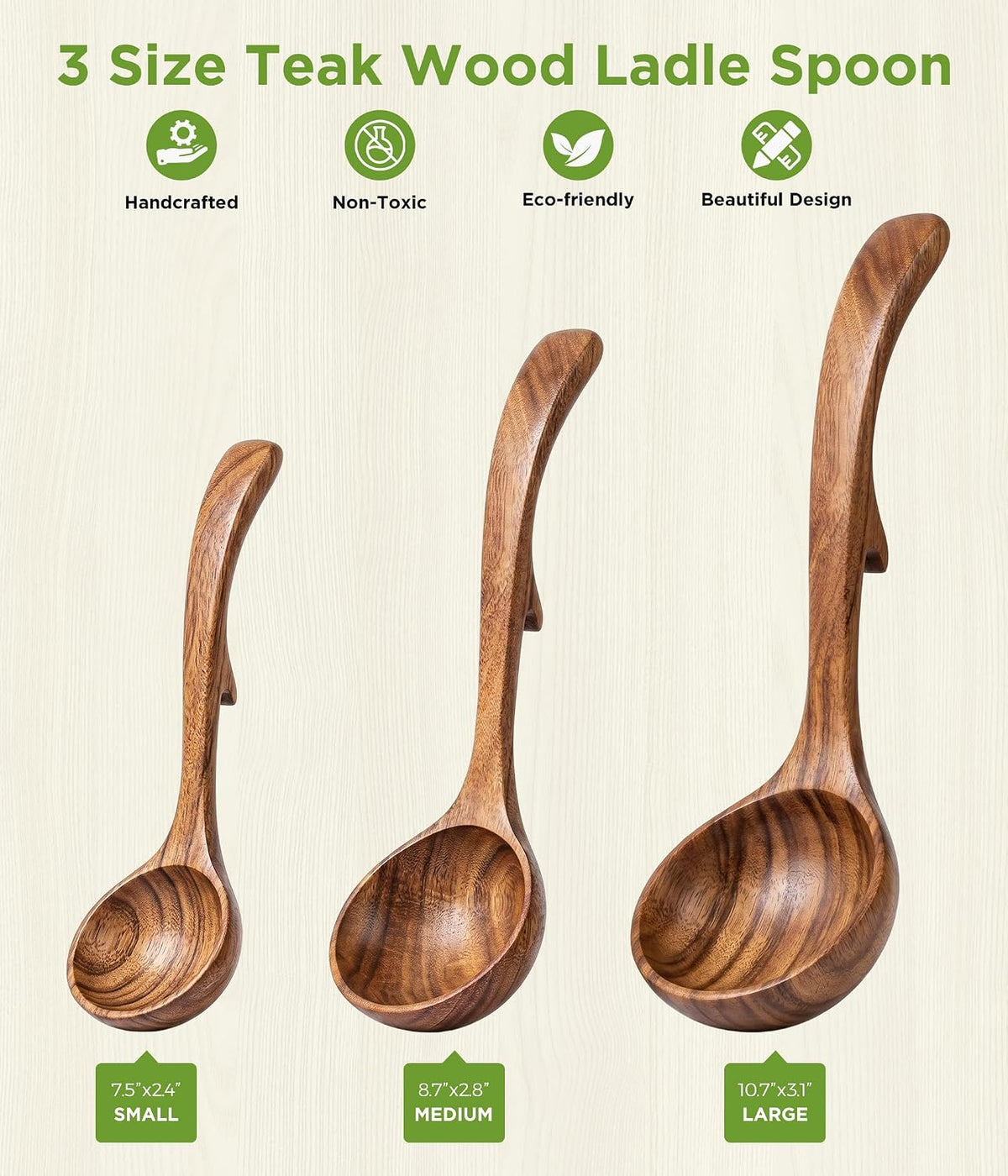 Wooden Spoons for Cooking: 3 Size Teak Wooden Ladle