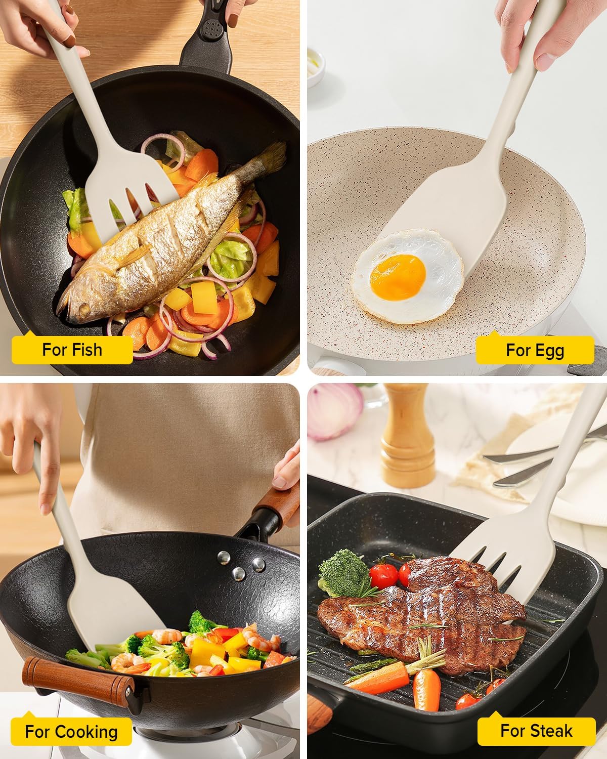 BUNDLEPRO Silicone Spatula, Solid & Slotted Turner, One-Piece, 2 Pack,Khaki