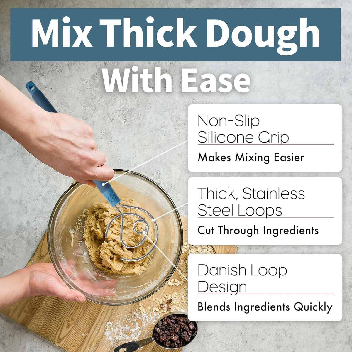 Danish Dough Whisk Heavy Duty 13.5" - Dishwasher-Safe Baking Tool (Blue)