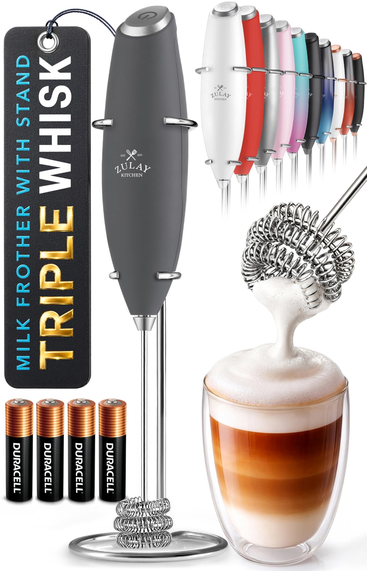 Zulay Kitchen Rechargeable Milk Frother Handheld - Frother Wand, Drink Mixer, Electric Whisk Frother, for Cappuccinos, Matcha & Protein Powder - Lux 4 Whisk 2 Speed Waterproof 2000mAh Alpha Black