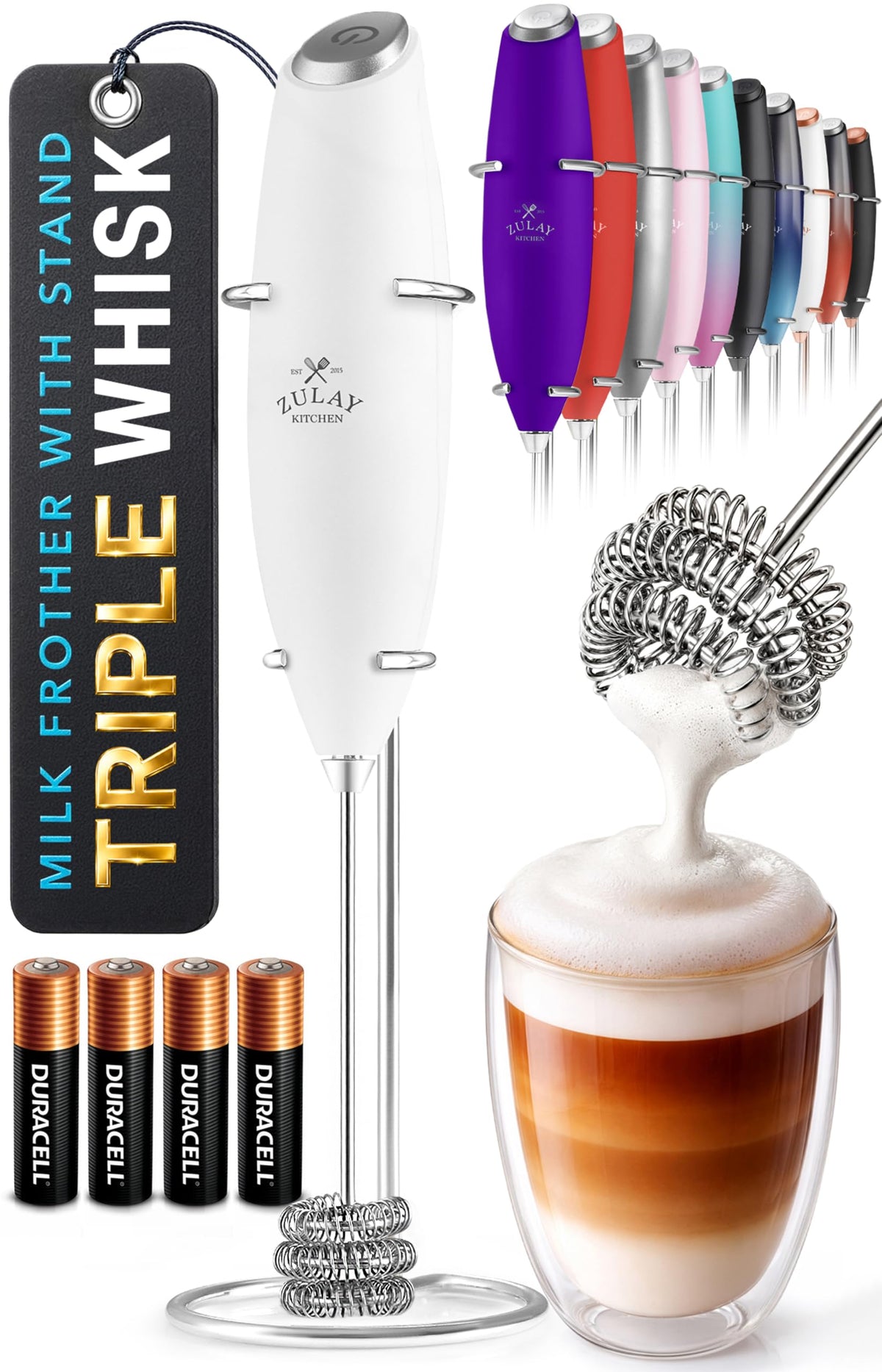 Zulay Kitchen Rechargeable Milk Frother Handheld - Frother Wand, Drink Mixer, Electric Whisk Frother, for Cappuccinos, Matcha & Protein Powder - Lux 4 Whisk 2 Speed Waterproof 2000mAh Alpha Black